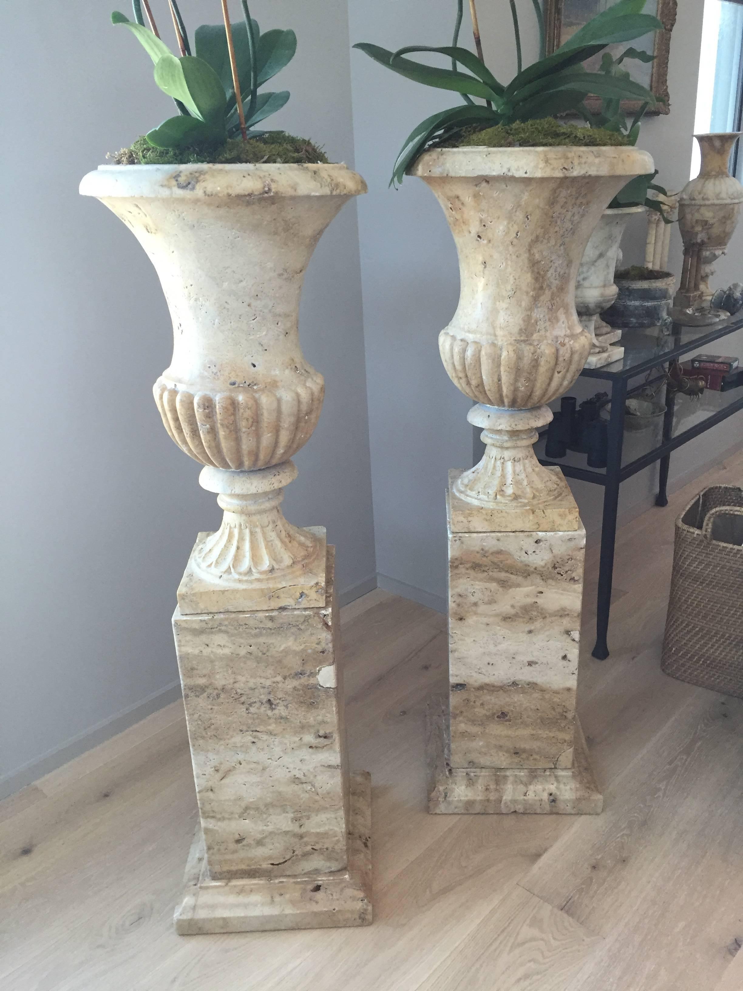 Carved Pair of 19th Century Italian Solid Handcarved Limestone Classic Urns