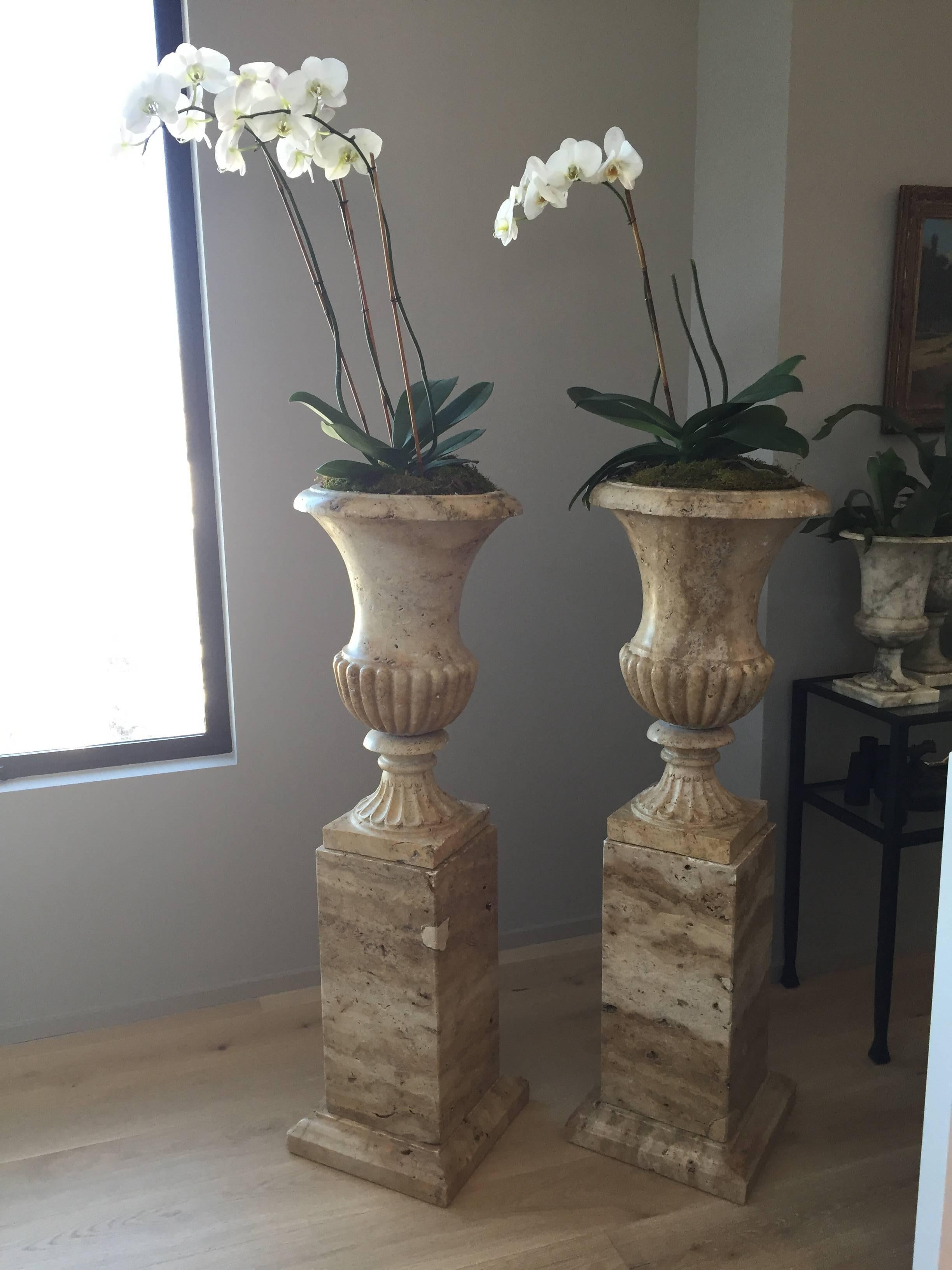 Classical Greek Pair of 19th Century Italian Solid Handcarved Limestone Classic Urns
