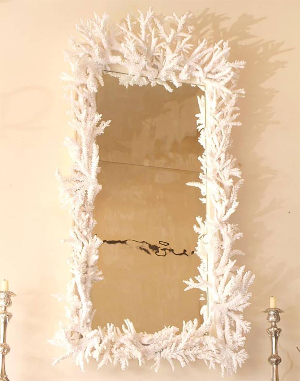 Custom Candace Barnes designed antiqued mirror with the larger branch coral on the top, and a mixture of larger and smaller specimens around the remaining frame. The branch coral is farm-raised and locally sourced. The mirror plate is antiqued with