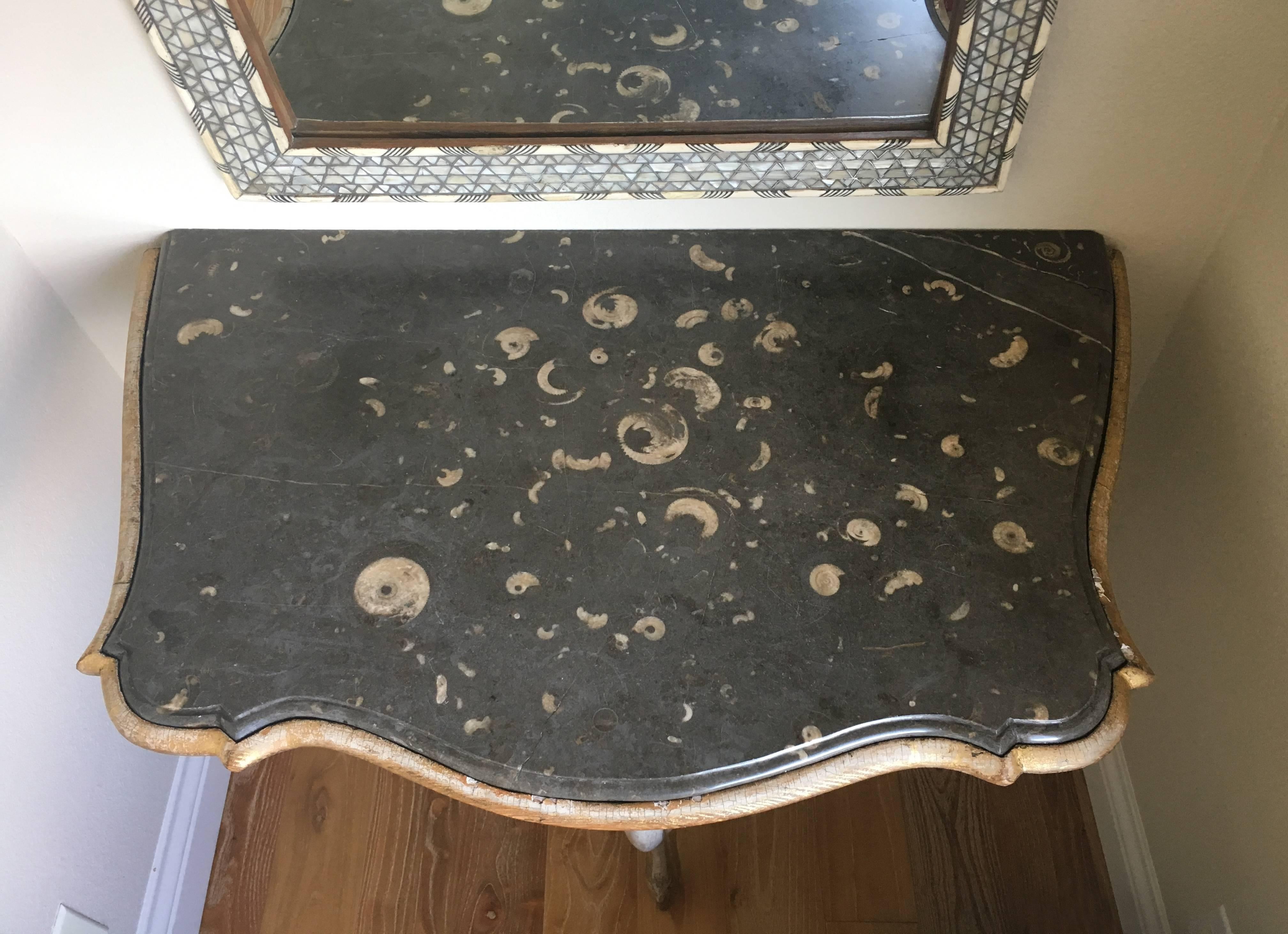 18th Century Venetian Rococo Wall-Mounted Console, hand-painted with gold leaf edged scalloped top, cabriole legs and rare fossilized marble top. Circa 1765. 
