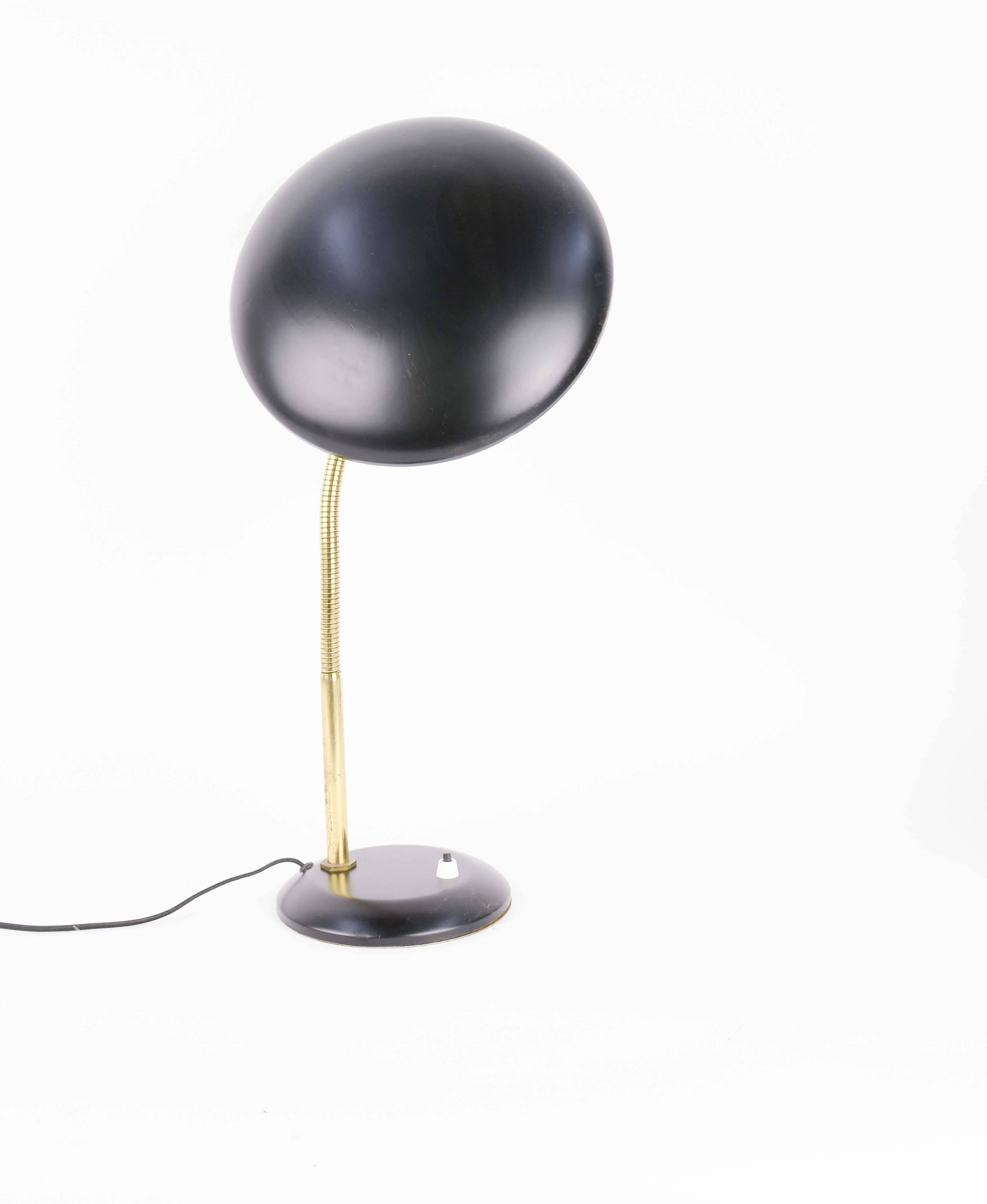French Flying Saucer Gooseneck Desk Lamp in Brass and Black In Good Condition In Portland, OR