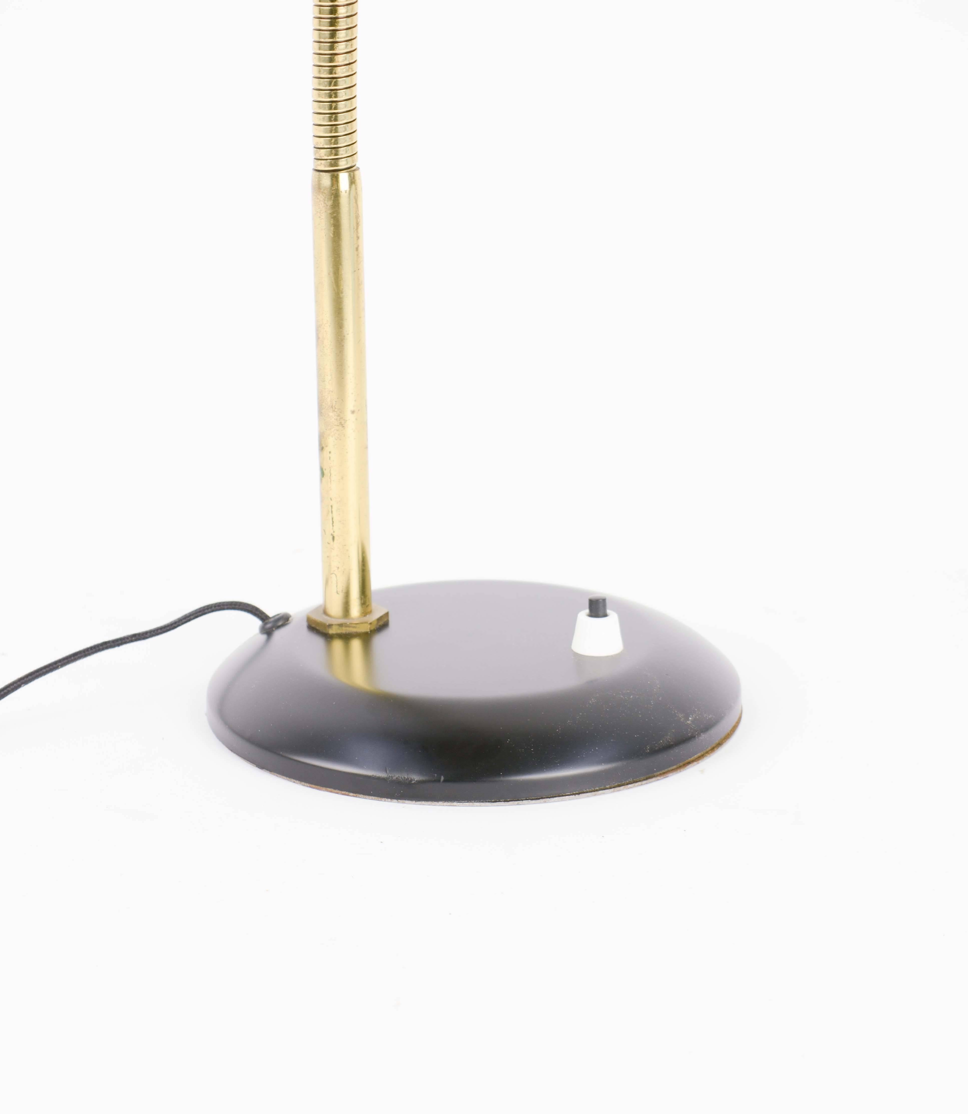 Mid-20th Century French Flying Saucer Gooseneck Desk Lamp in Brass and Black