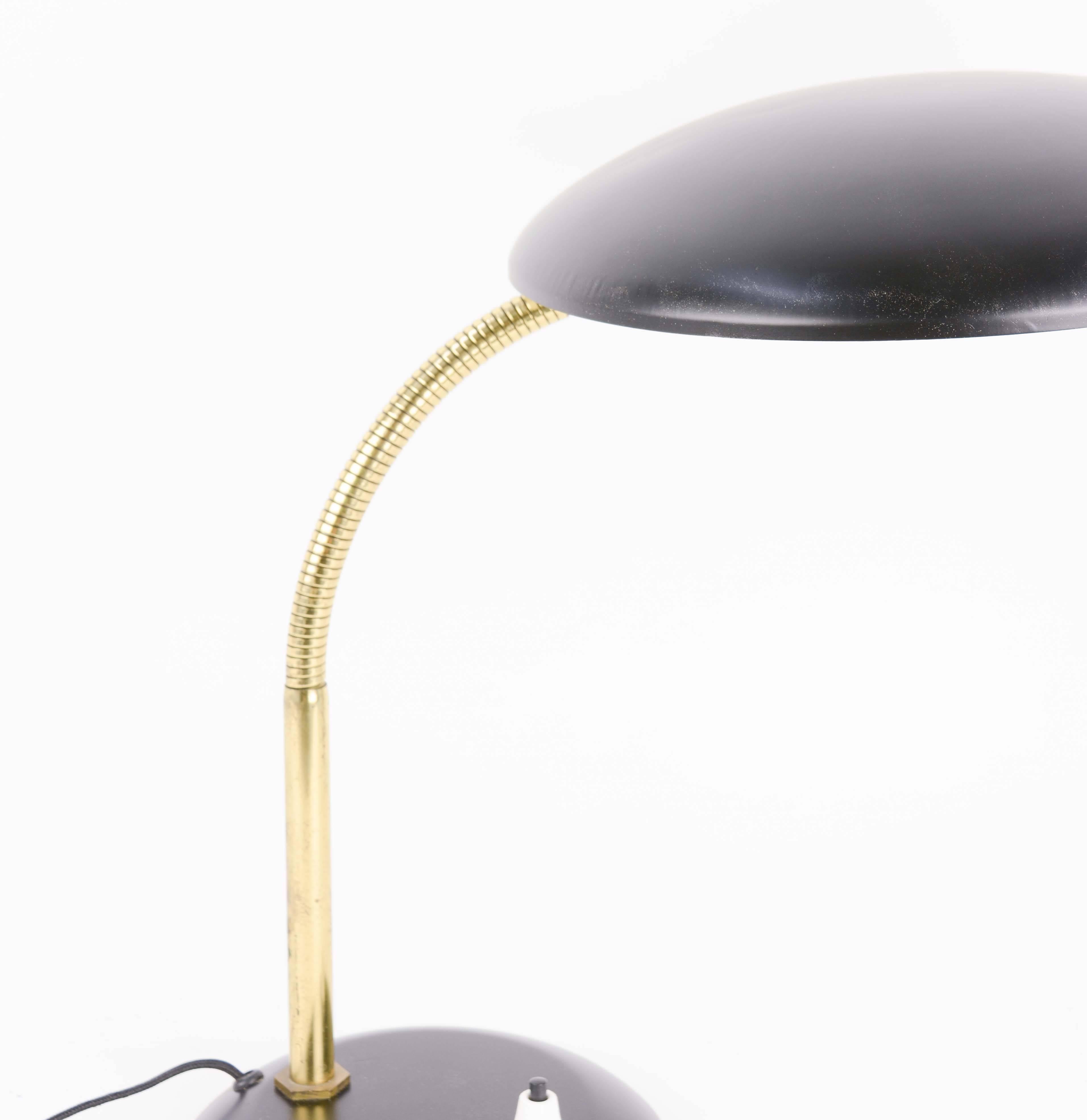 Metal French Flying Saucer Gooseneck Desk Lamp in Brass and Black