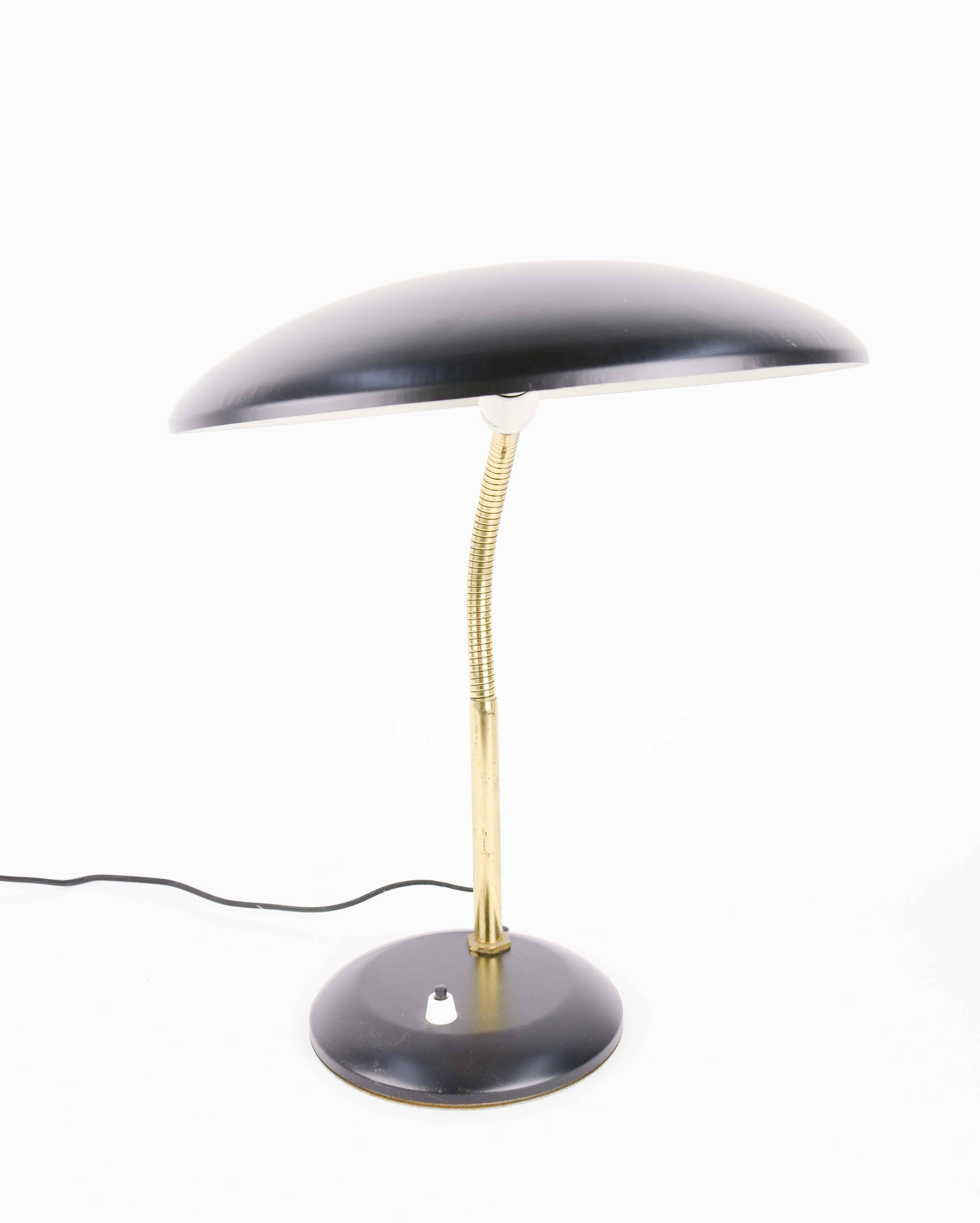 French Flying Saucer Gooseneck Desk Lamp in Brass and Black 1