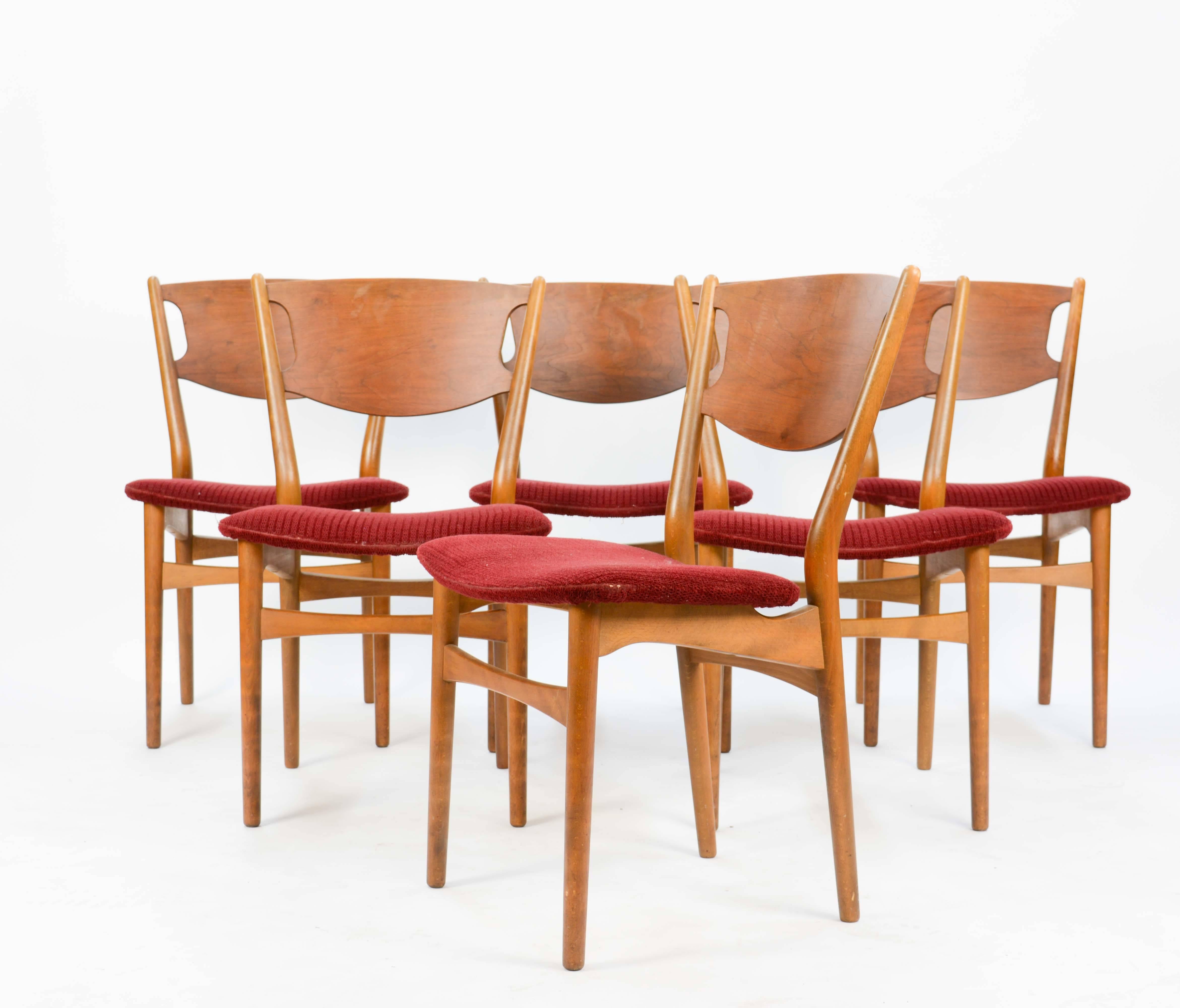 Scandinavian Modern Set of Six Wahl Iversen Danish Dining Chairs for Møbelfabriken Falster, 1954