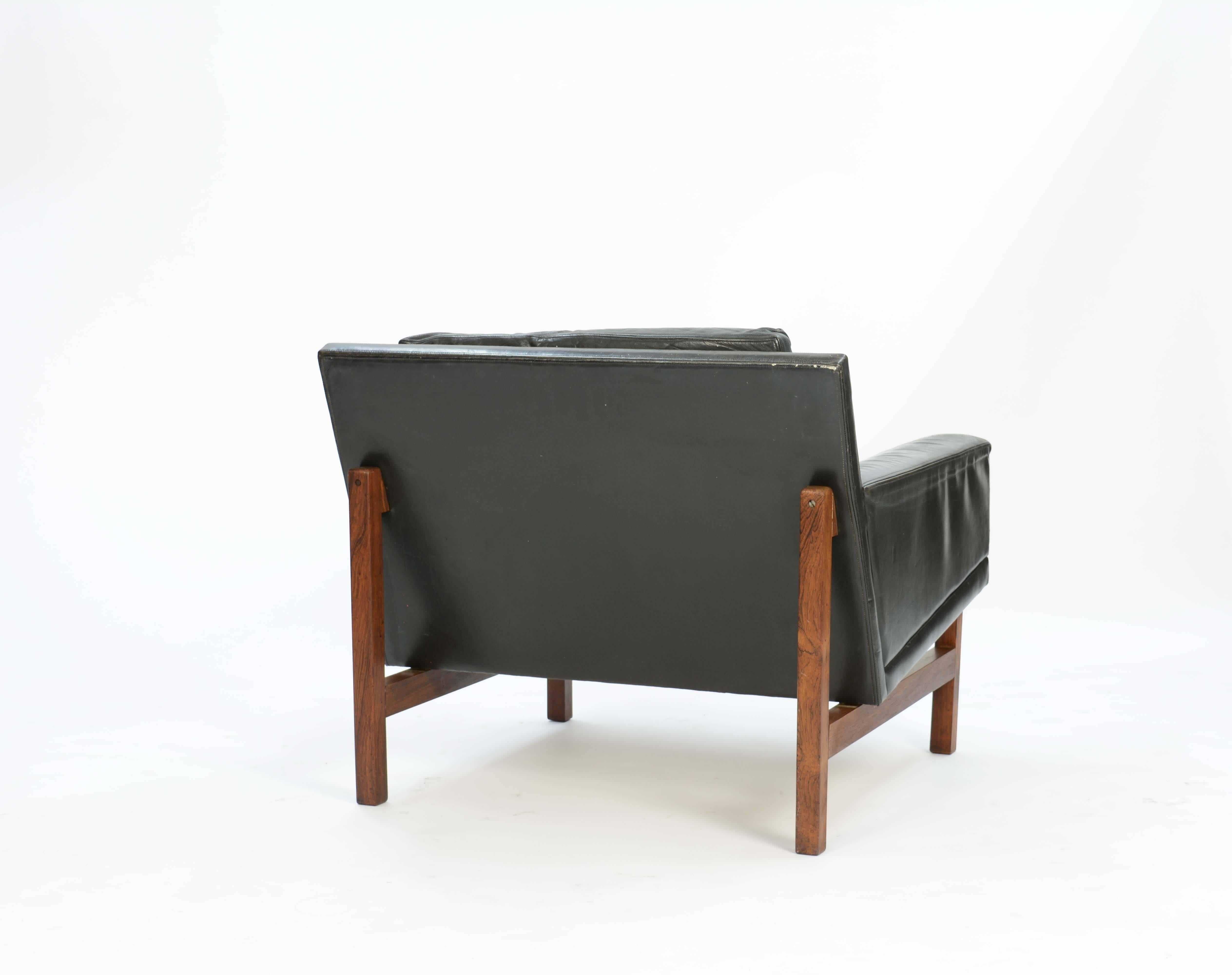 Danish Pair of Distressed Leather Club Chairs with Rosewood Frames by Sven Ellekaer