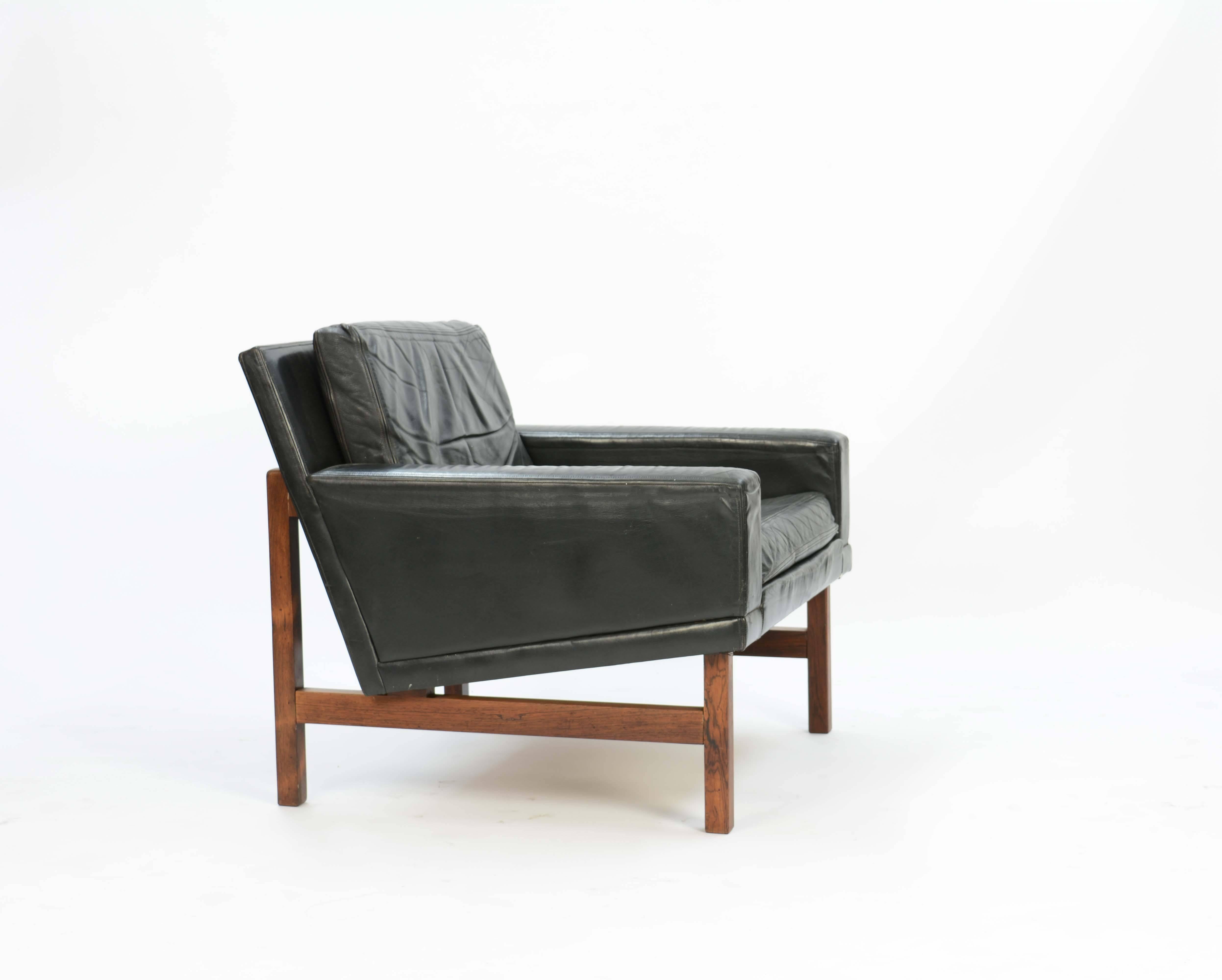 Scandinavian Modern Pair of Distressed Leather Club Chairs with Rosewood Frames by Sven Ellekaer