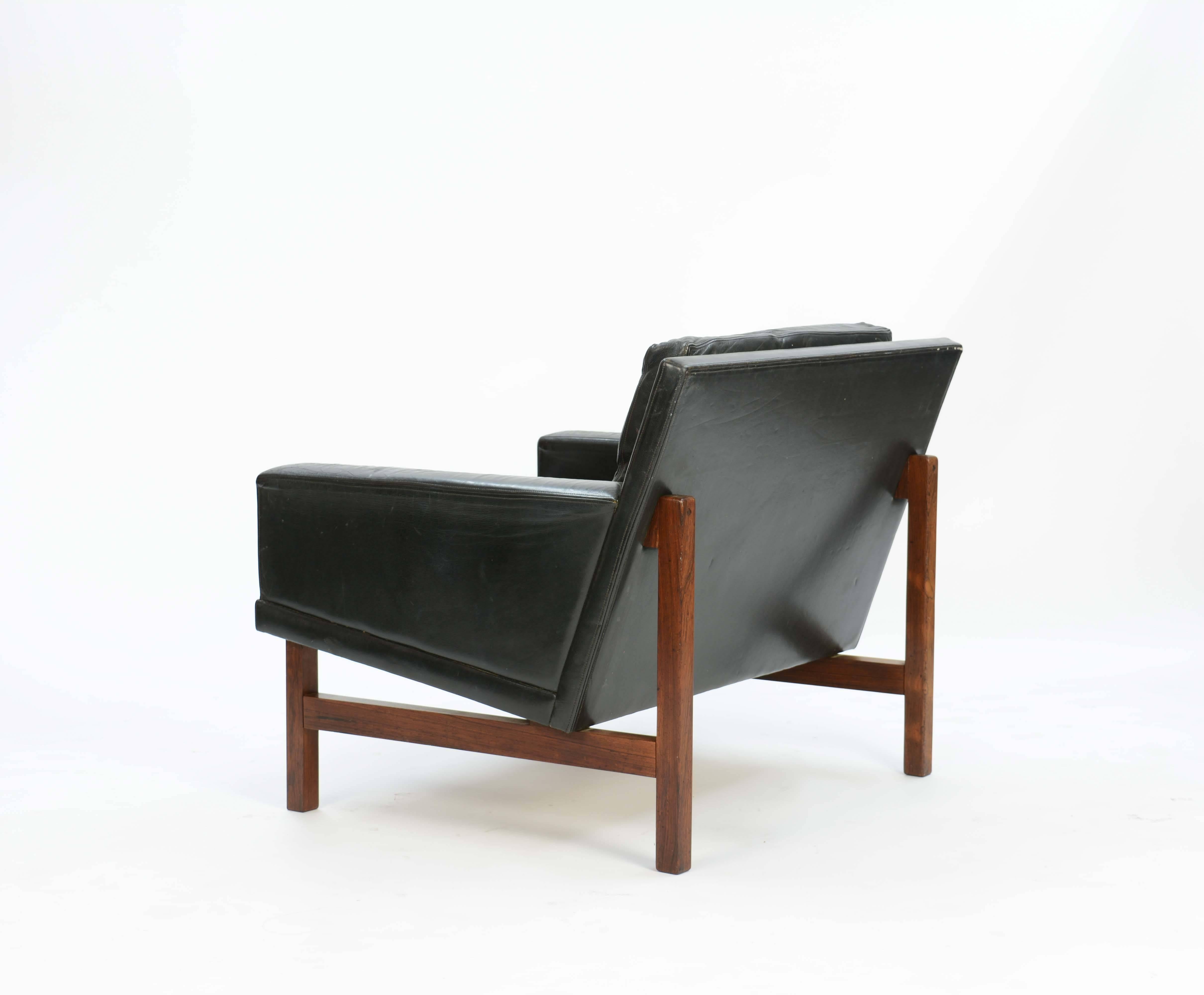 Pair of Distressed Leather Club Chairs with Rosewood Frames by Sven Ellekaer In Good Condition In Portland, OR