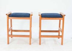 Pair of J.L. Moller-Hojbjerg Danish Modern Bar Stools with Royal Blue Fabric