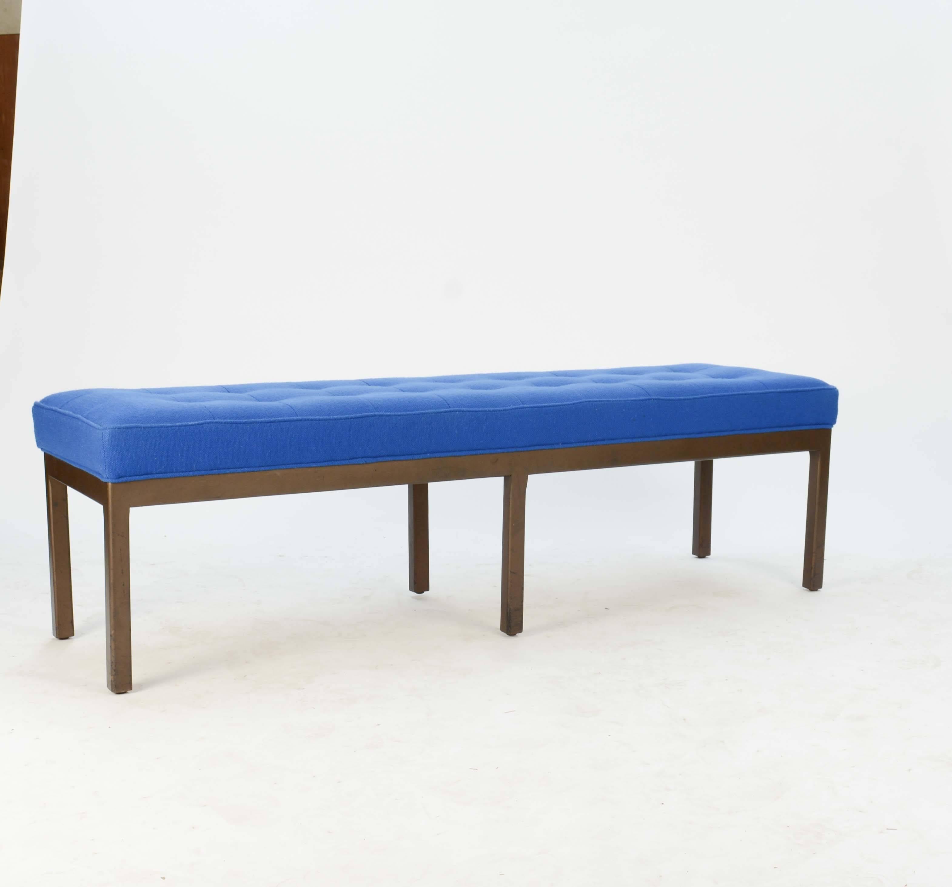 American Wonderful Tufted Bench after Harvey Porbber in Walnut and Royal Blue Wool For Sale