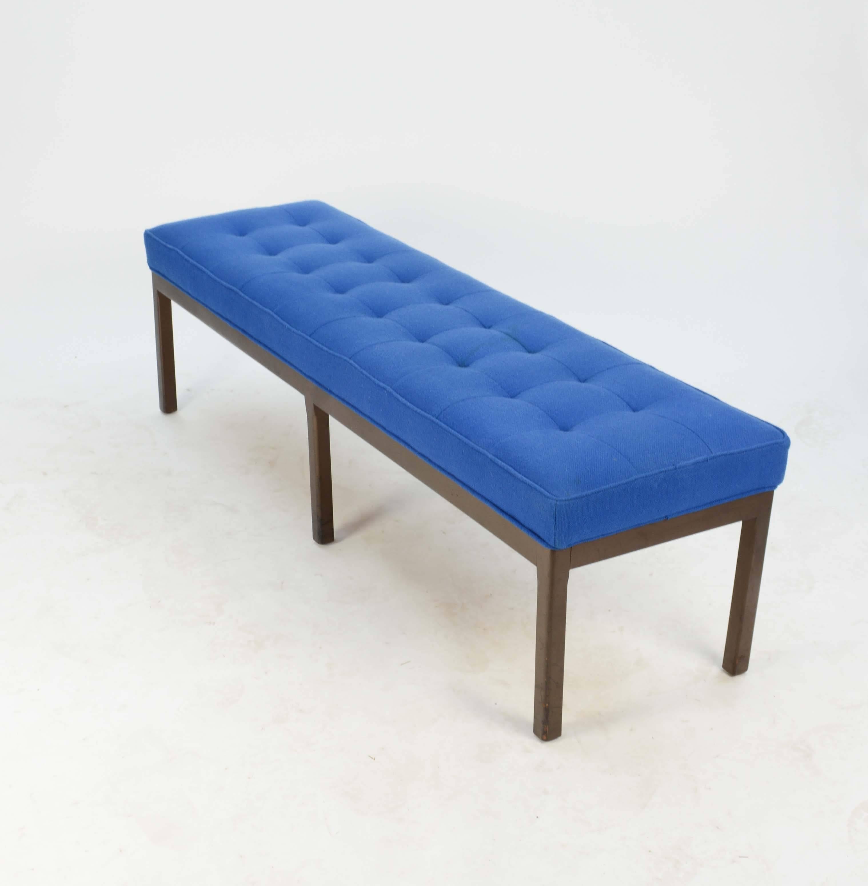 Mid-Century Modern Wonderful Tufted Bench after Harvey Porbber in Walnut and Royal Blue Wool For Sale