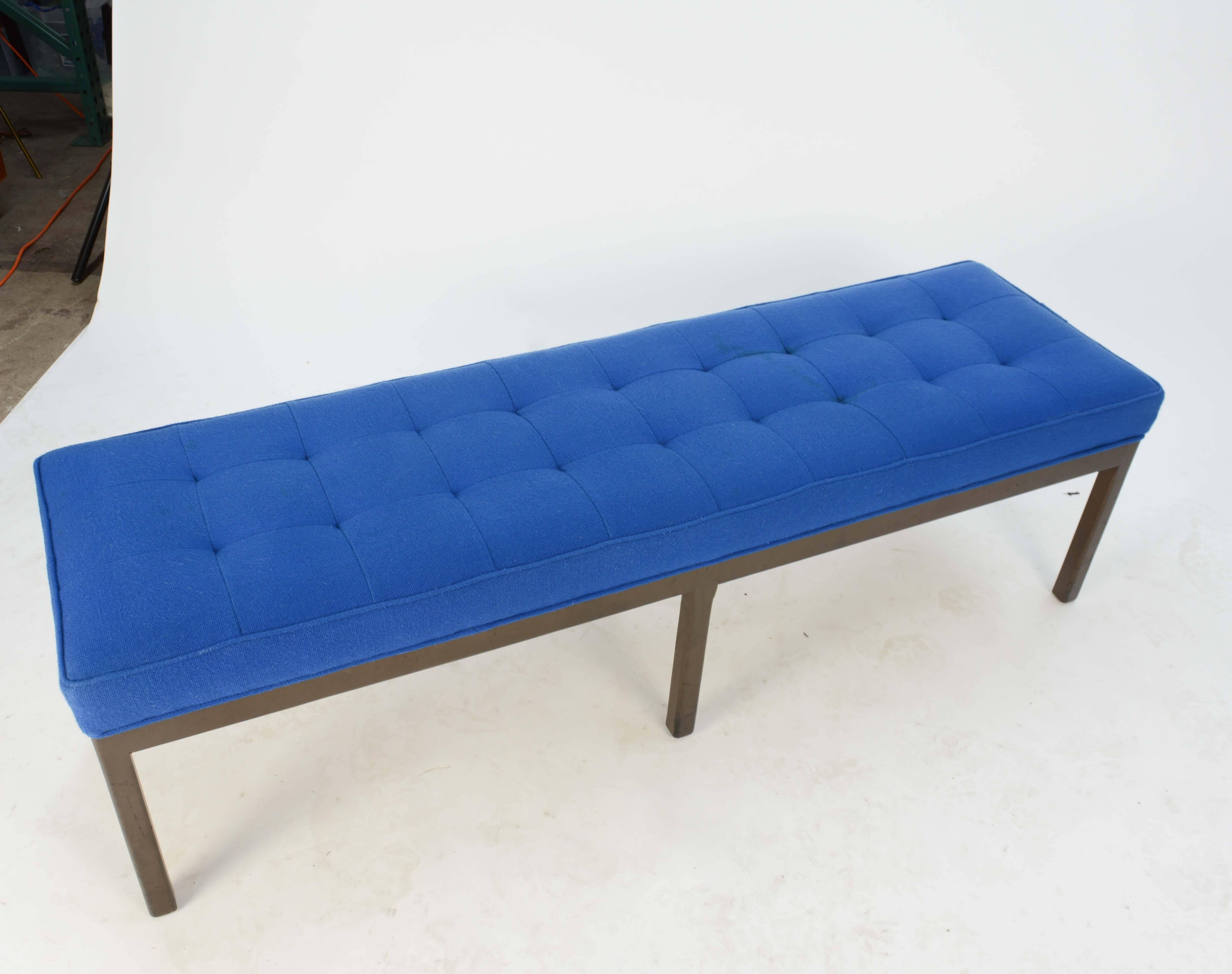 Wonderful Tufted Bench after Harvey Porbber in Walnut and Royal Blue Wool In Good Condition For Sale In Portland, OR