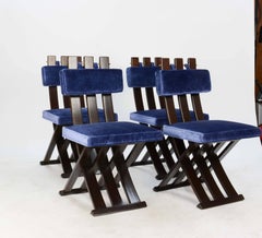 Set of Four Harvey Probber X-Side Chair with Brass Accents and Royal Blue Fabric