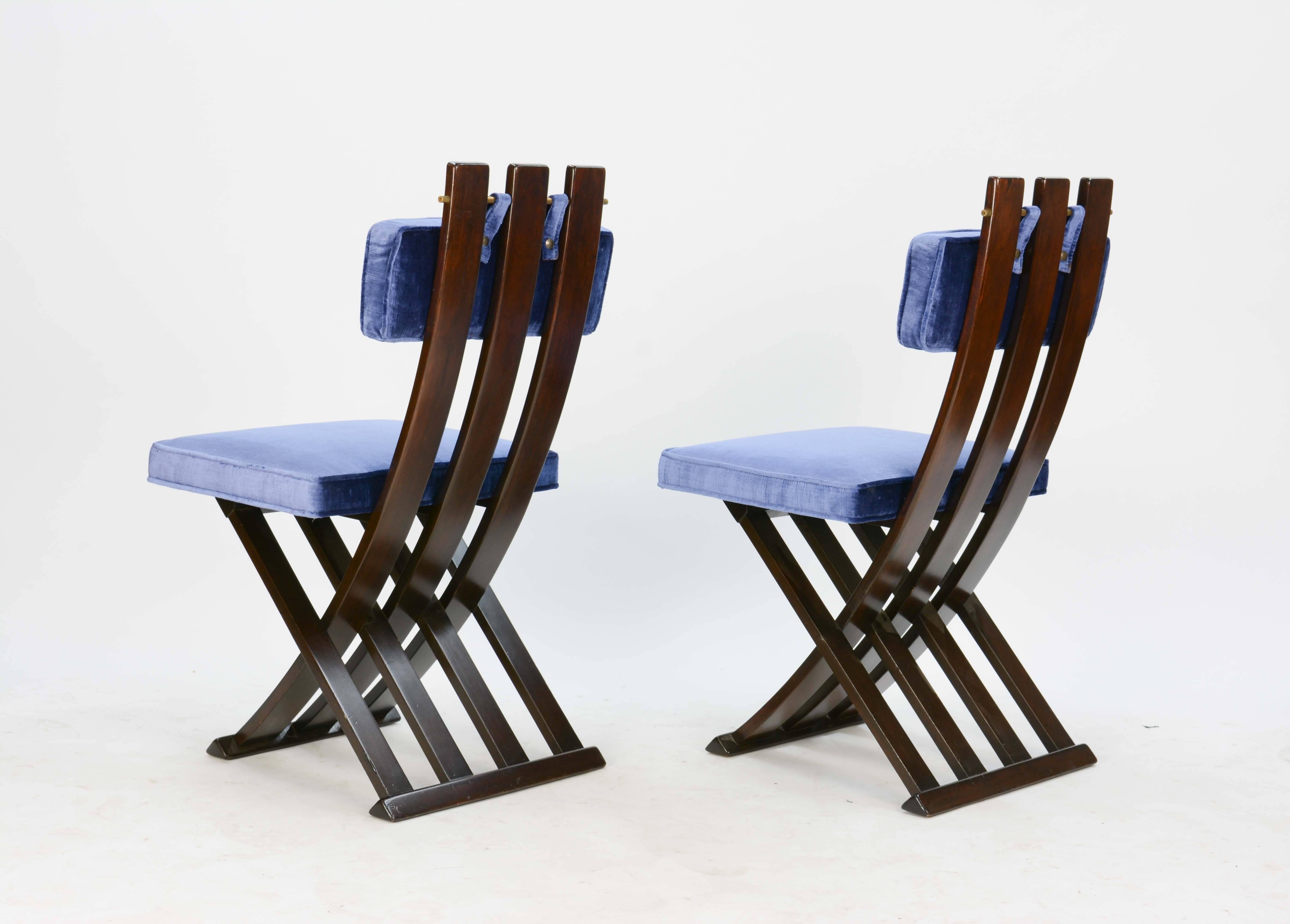 Mid-20th Century Set of Four Harvey Probber X-Side Chair with Brass Accents and Royal Blue Fabric For Sale