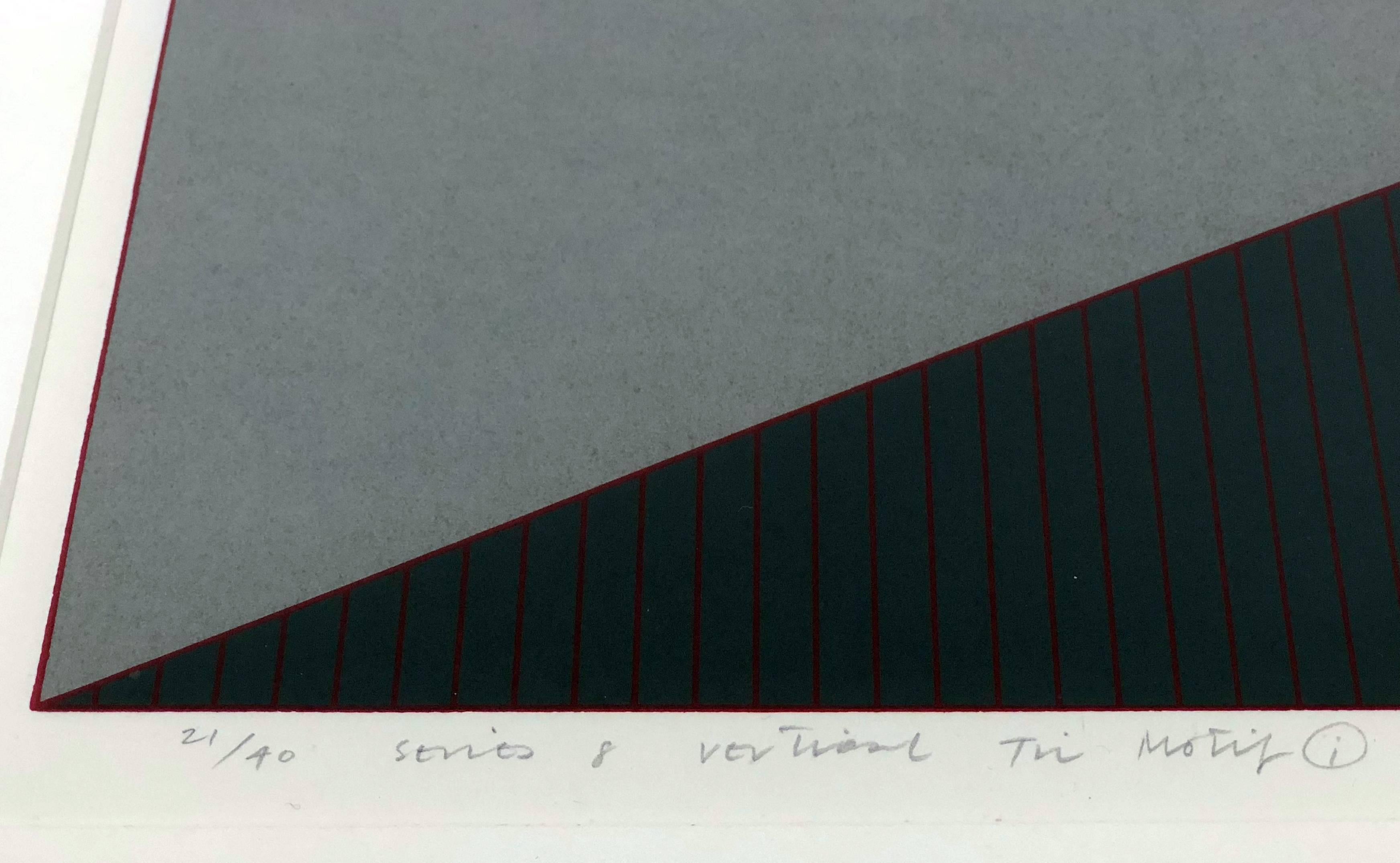 Series 8 vertical tri motif (i) by Gordon House (1932-2004), signed and numbered by the artist. Number 21, edition of 40, 1976-1977. 

We are currently offering a companion piece from this series. 

Image size: 24 x 8
Paper size: 31 x