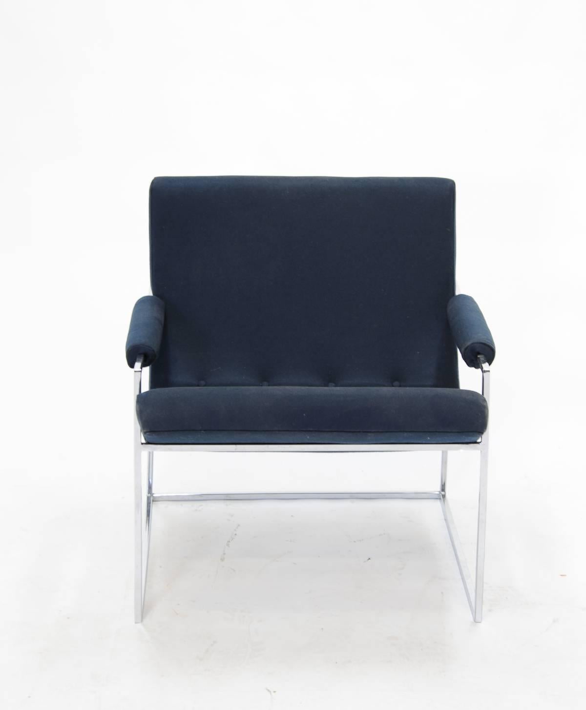 A handsome Milo Baughman club chair for Thayer Coggin. The chair is redone in blue wool and the chrome is clean.
             