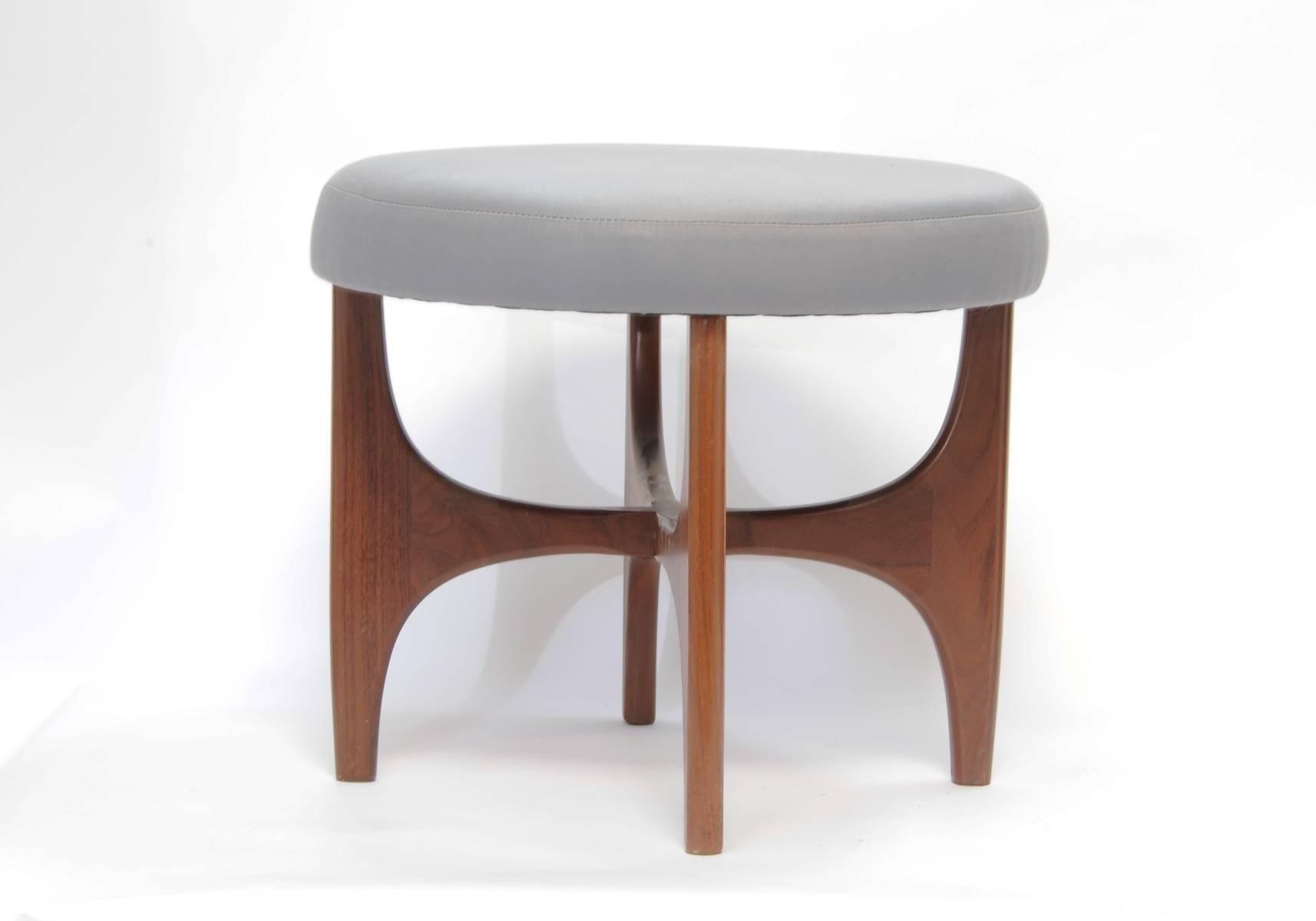 Mid-Century Modern Pair of Walnut Stools with Upholstered Tops