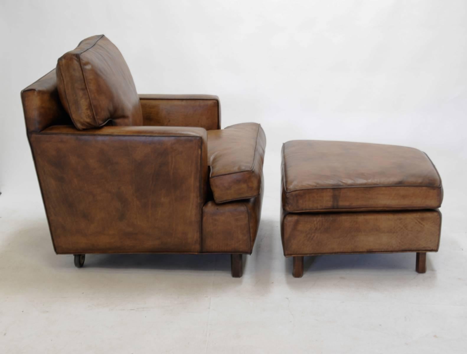 A wonderful club chair and ottoman in new destressed leather by modern master Edward Wormley for Dunbar. The chair and ottoman are a wonderful addition to any home or office. The pair creates a chaise longue.
Measures:
Ottoman is 28