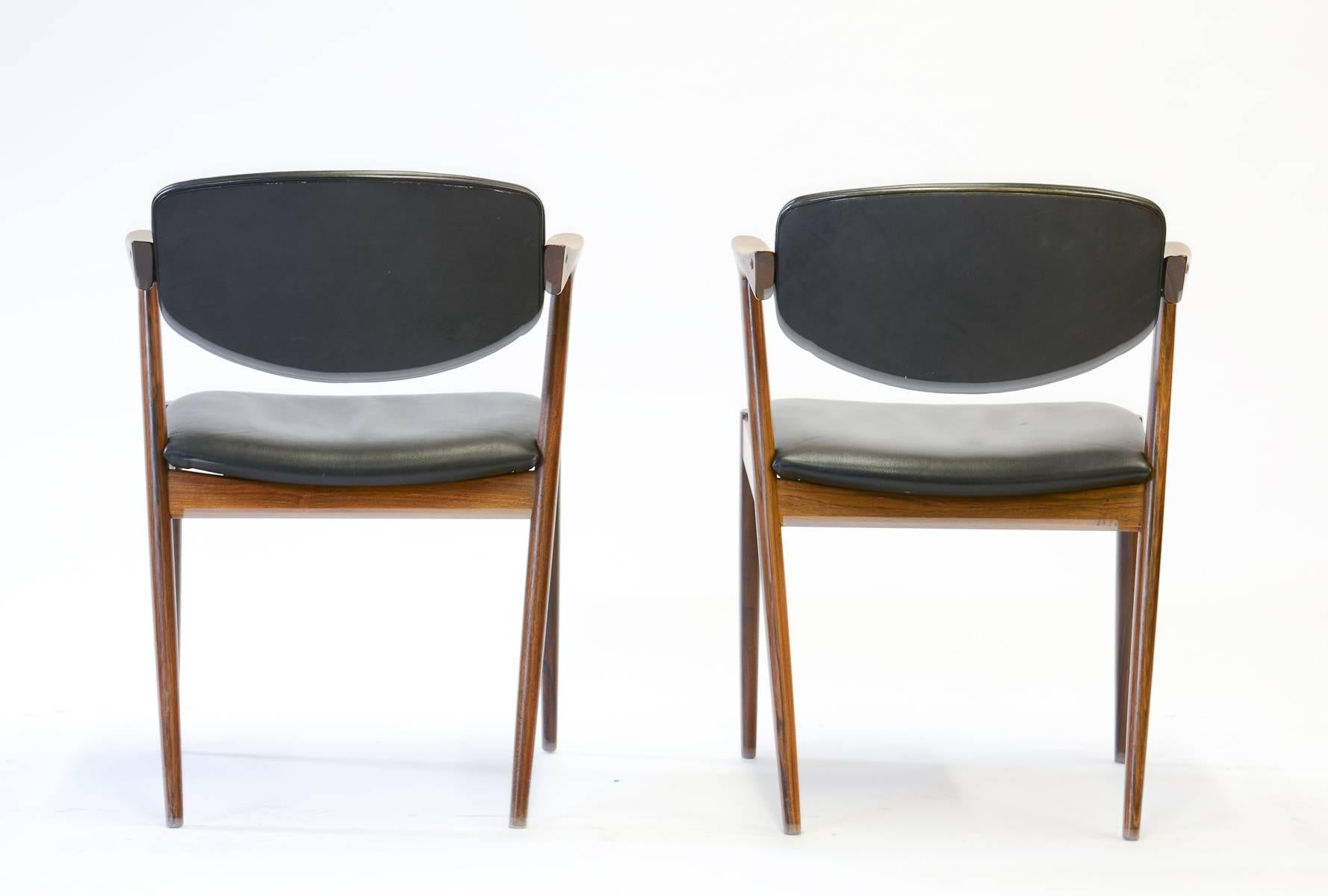 Mid-Century Modern Six Kai Kristiansen 'Model 42' Dining Chairs in Rosewood & Black Saddle Leather