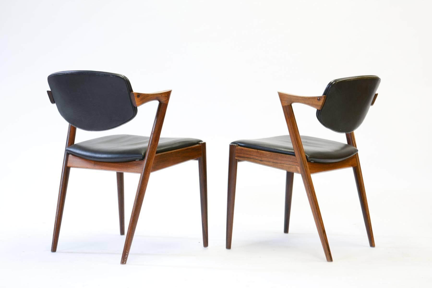 Danish Six Kai Kristiansen 'Model 42' Dining Chairs in Rosewood & Black Saddle Leather