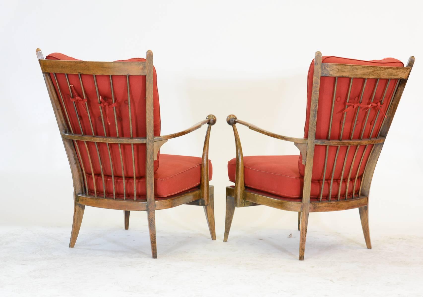 Mid-Century Modern Amazing Pair of French Walnut High Back Club Chairs after Guillermes et Chambron For Sale