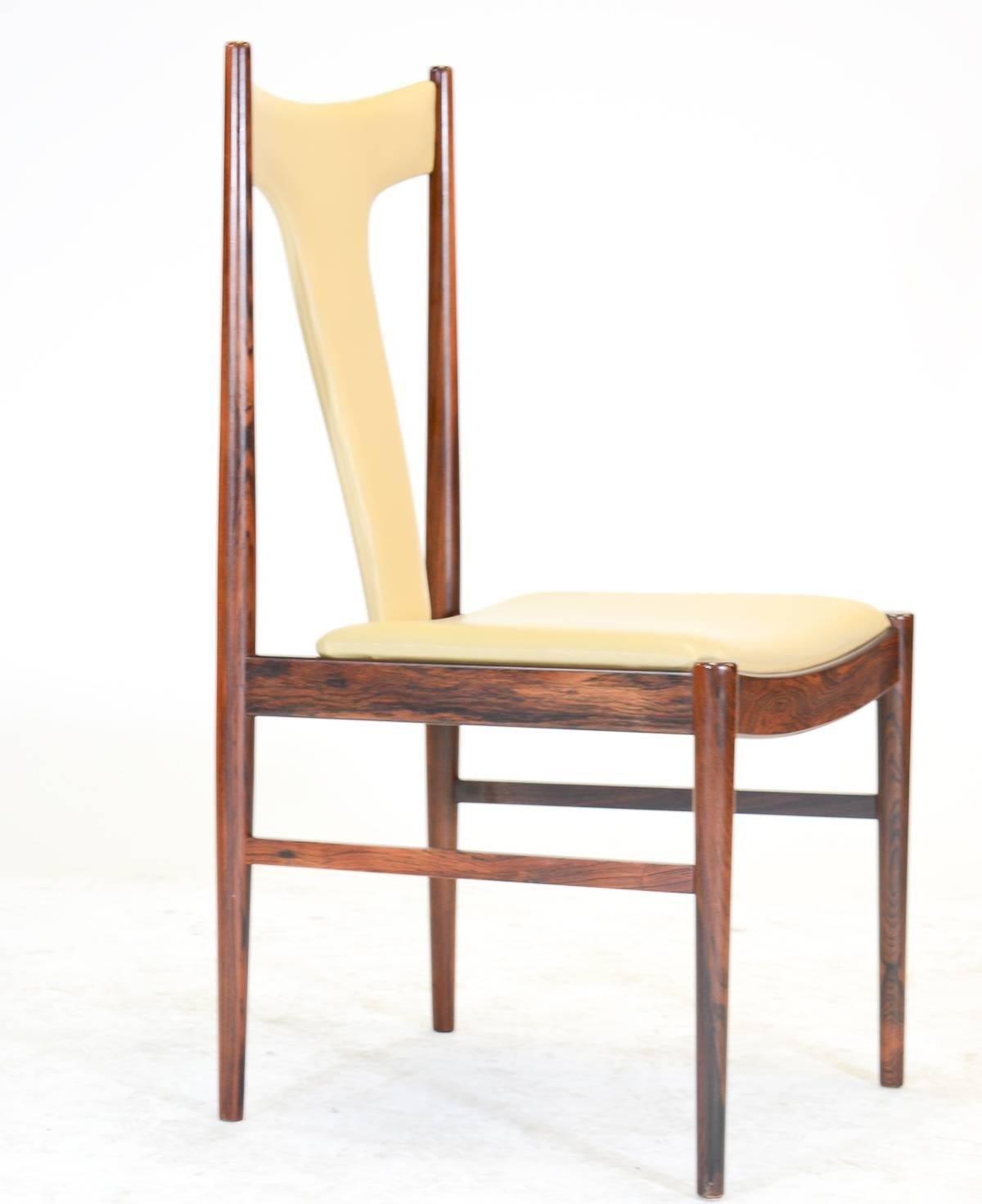 Scandinavian Modern Six Rosewood Dining Chairs in Leather by Arne Vodder for Sibast of Denmark