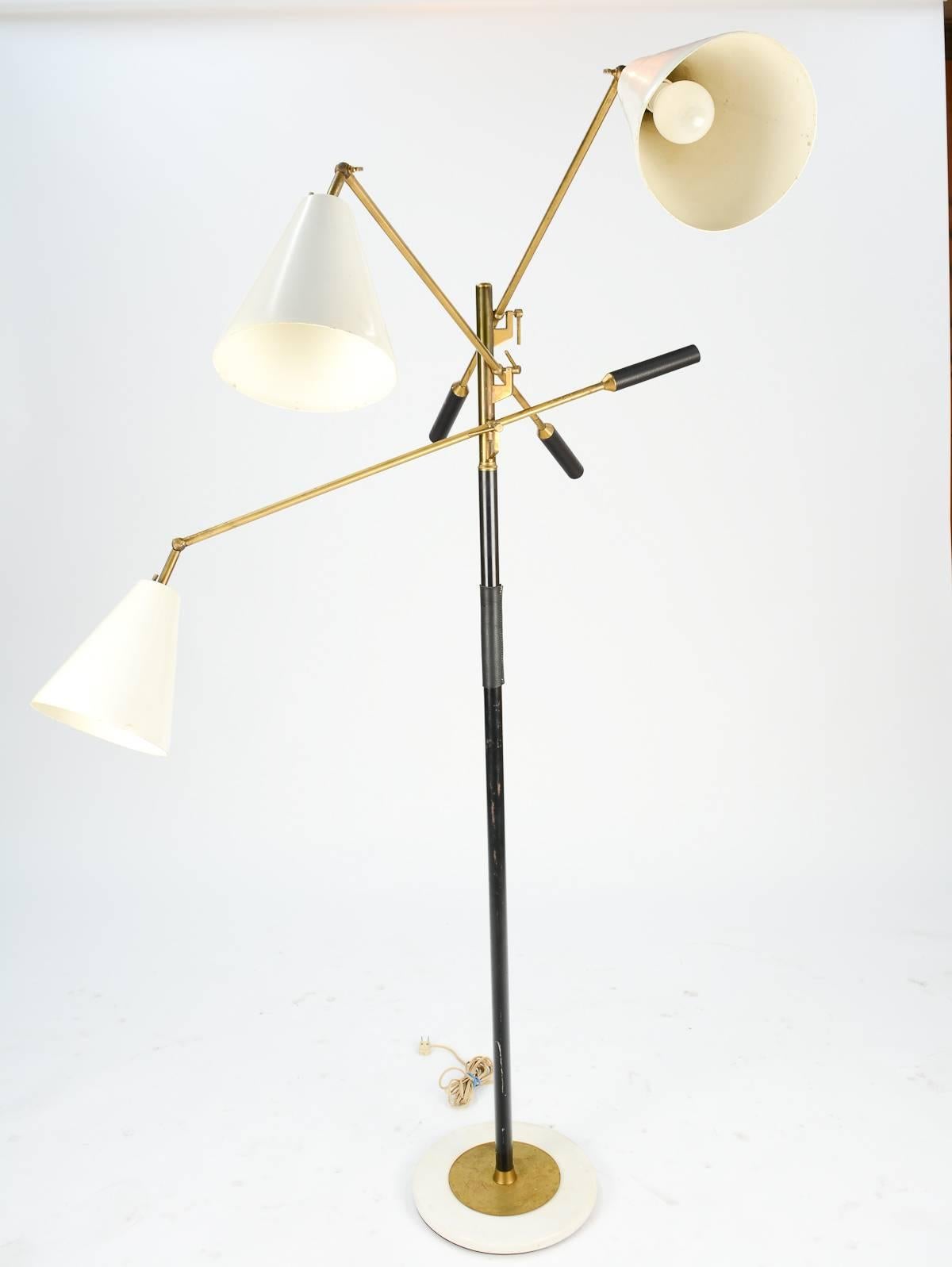 Mid-20th Century Finely Detailed Floor Lamp with Brass Arms and Italian Marble Base For Sale