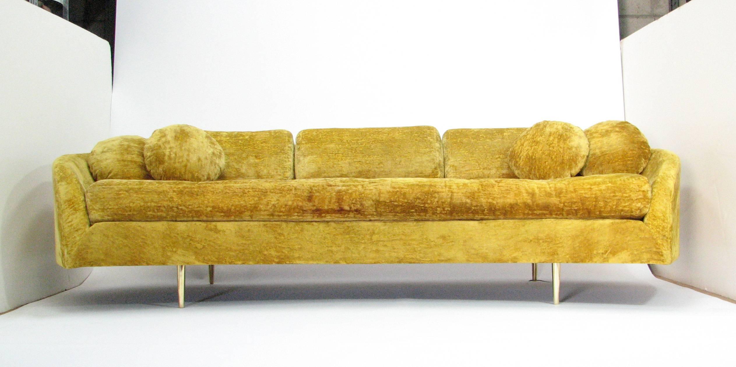 Dramatic Floating Gold Velvet Mid-Century Sofa 4