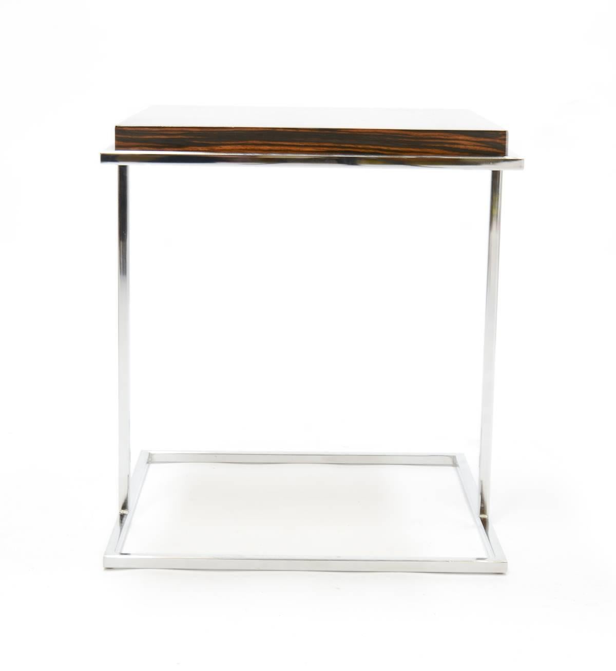 Mid-Century Modern Pair of Stunning Zebra Wood and Chrome Cantilever Side Tables For Sale