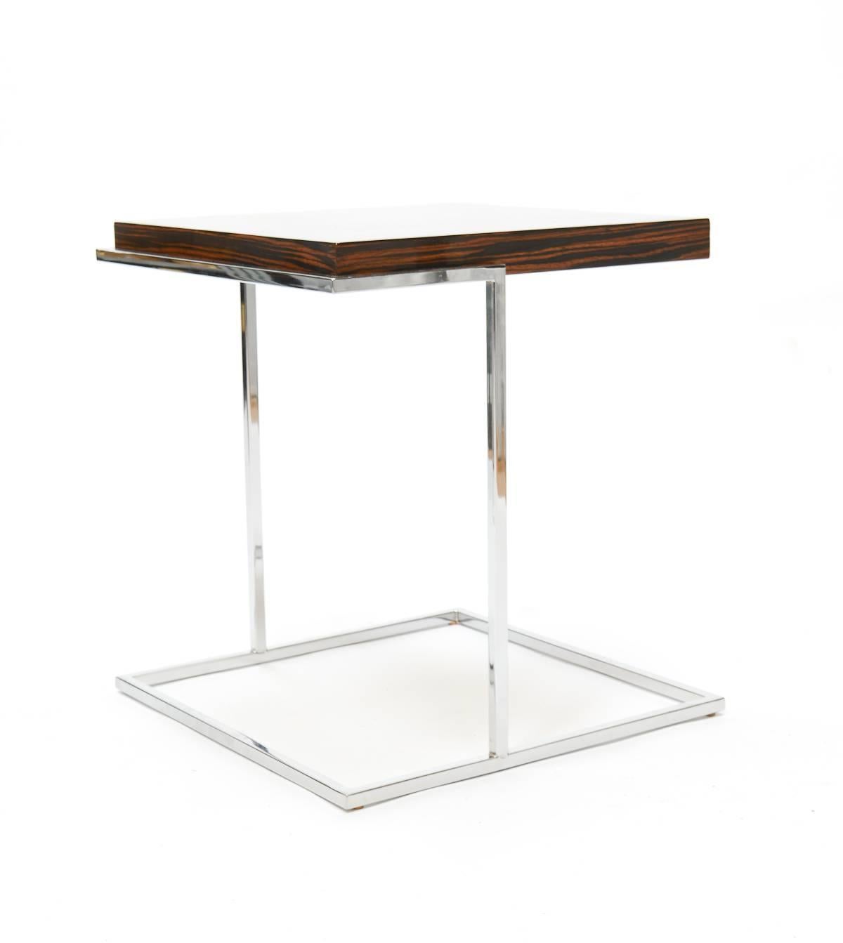 American Pair of Stunning Zebra Wood and Chrome Cantilever Side Tables For Sale