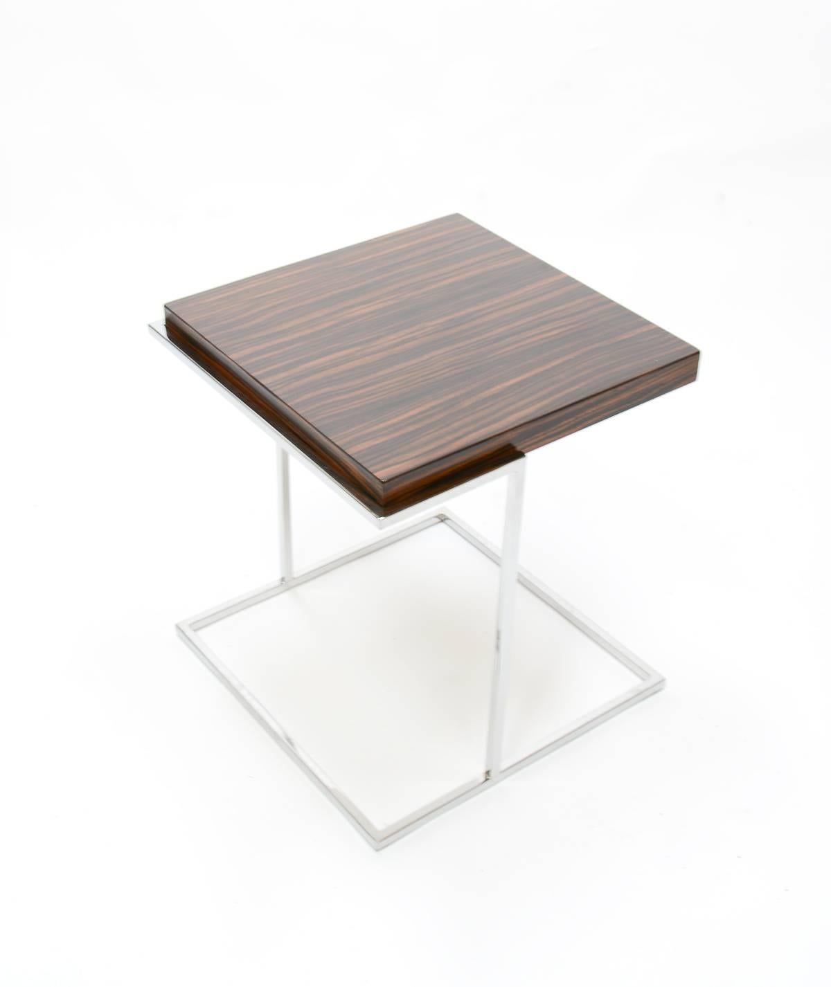 Pair of Stunning Zebra Wood and Chrome Cantilever Side Tables In Good Condition For Sale In Portland, OR