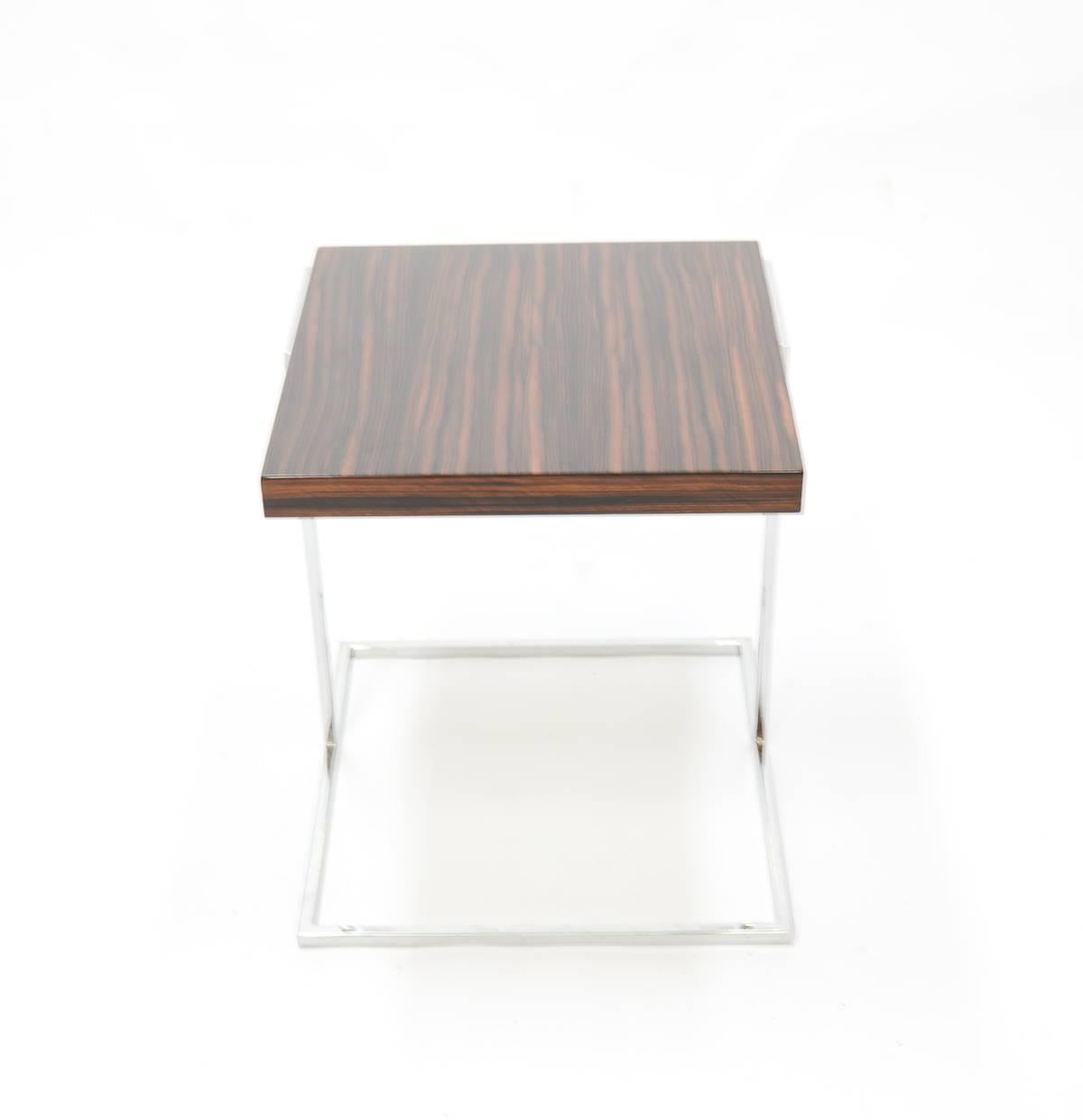 Late 20th Century Pair of Stunning Zebra Wood and Chrome Cantilever Side Tables For Sale