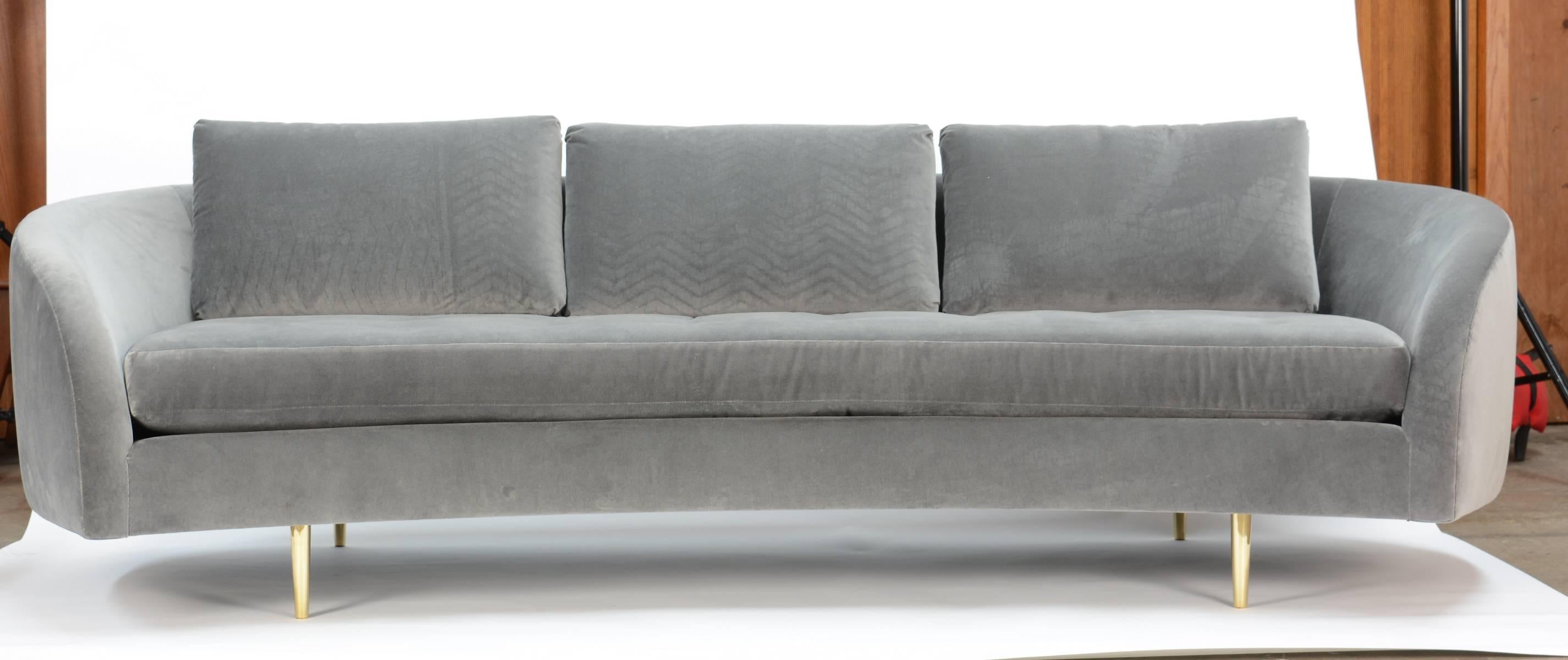 "Cloud's Rest" says it all!  A beautiful 20th Century Interiors original reproduction sofa from a classic Mid-Century design, floating on aluminum or brass legs.
Choose our velour fabric original or have it produced in the fabric of your