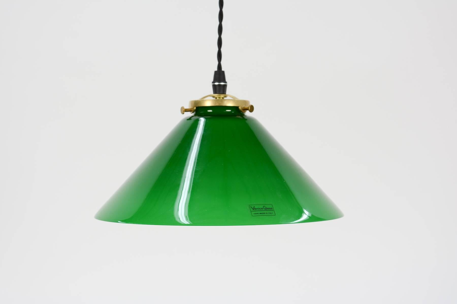 Trio of Venetian Green Glass Pendant Lamps with Dimmer Sockets In Good Condition In Portland, OR