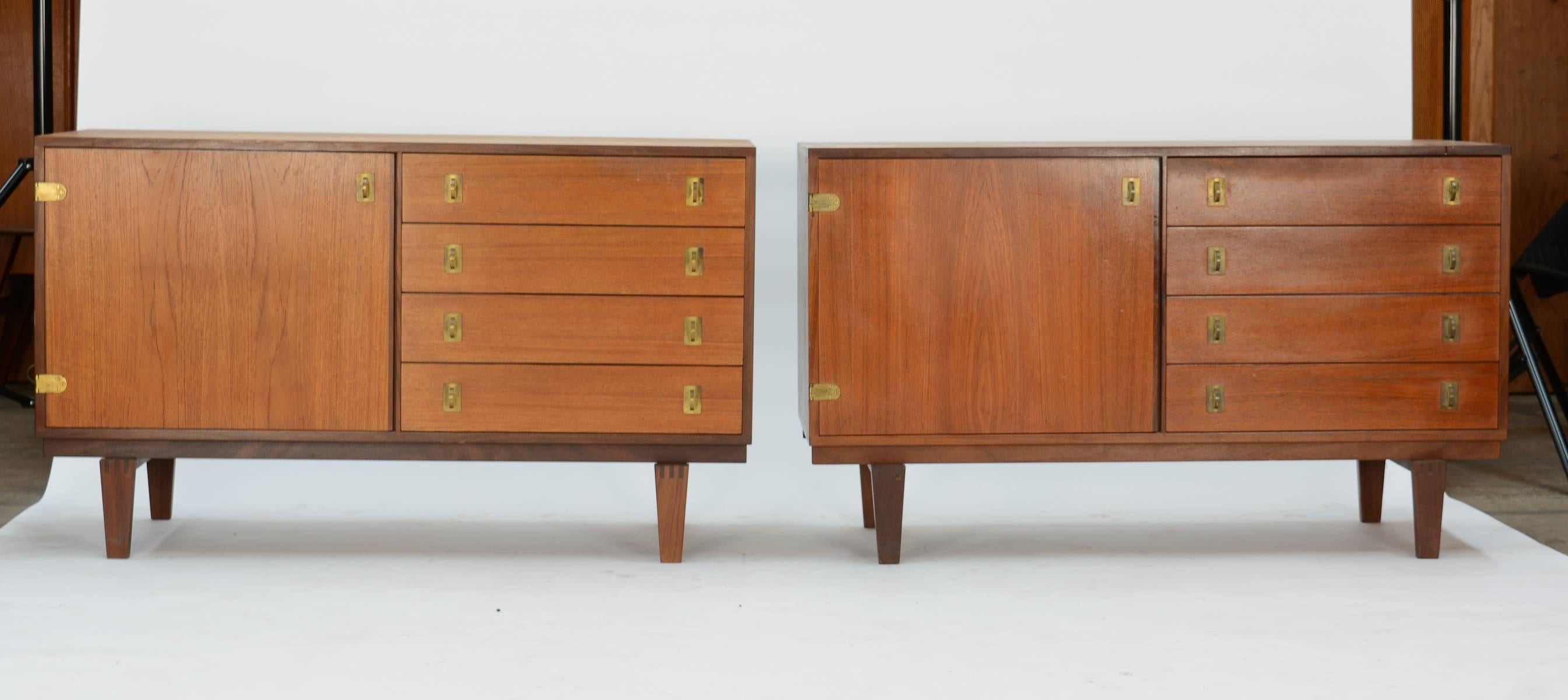 Pair of finely detailed matching Peter Lovig Nielsen Credenzas with brass pulls.