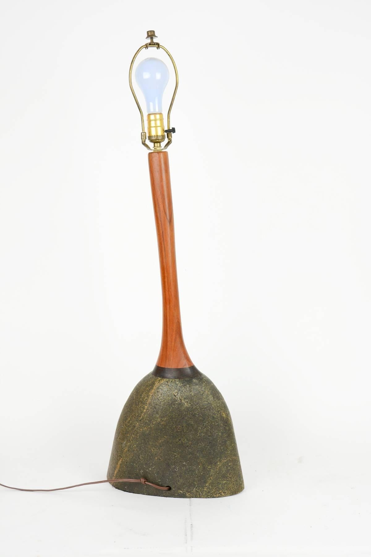 American Stone Lamp with Teak Stem in the Manner of J.B. Blunk For Sale