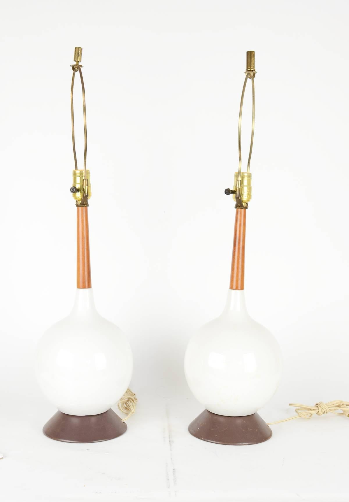Scandinavian Modern Pair of Simple and Elegant Danish Blown-Glass Lamps with Teak Stems