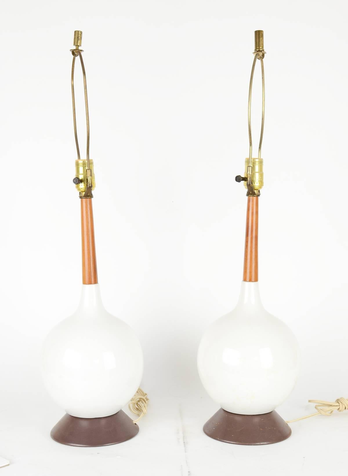 Pair of Simple and Elegant Danish Blown-Glass Lamps with Teak Stems In Good Condition In Portland, OR