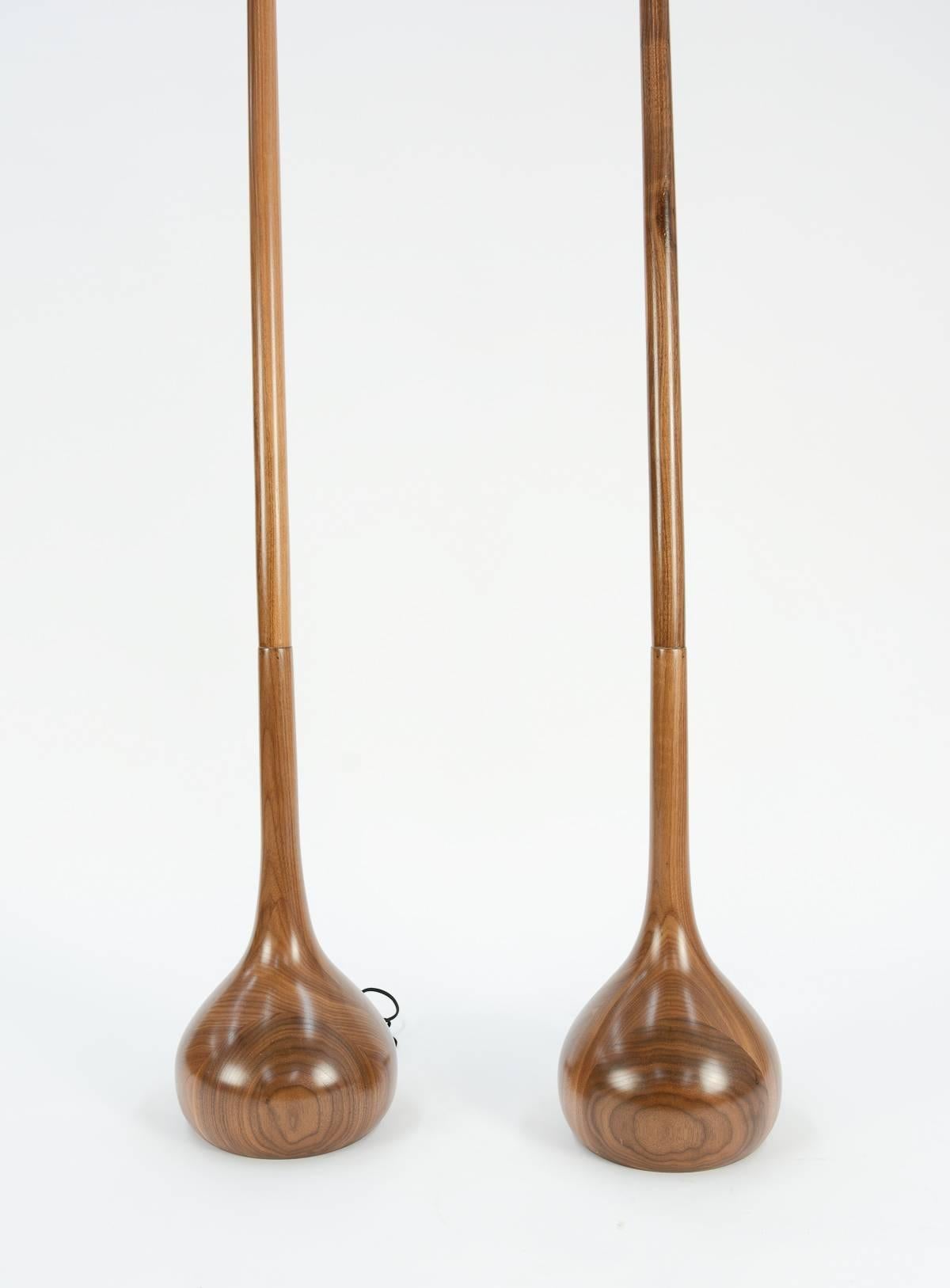 American Pair of Hand-Carved European Walnut Tulip Bulb Floor Lamps For Sale