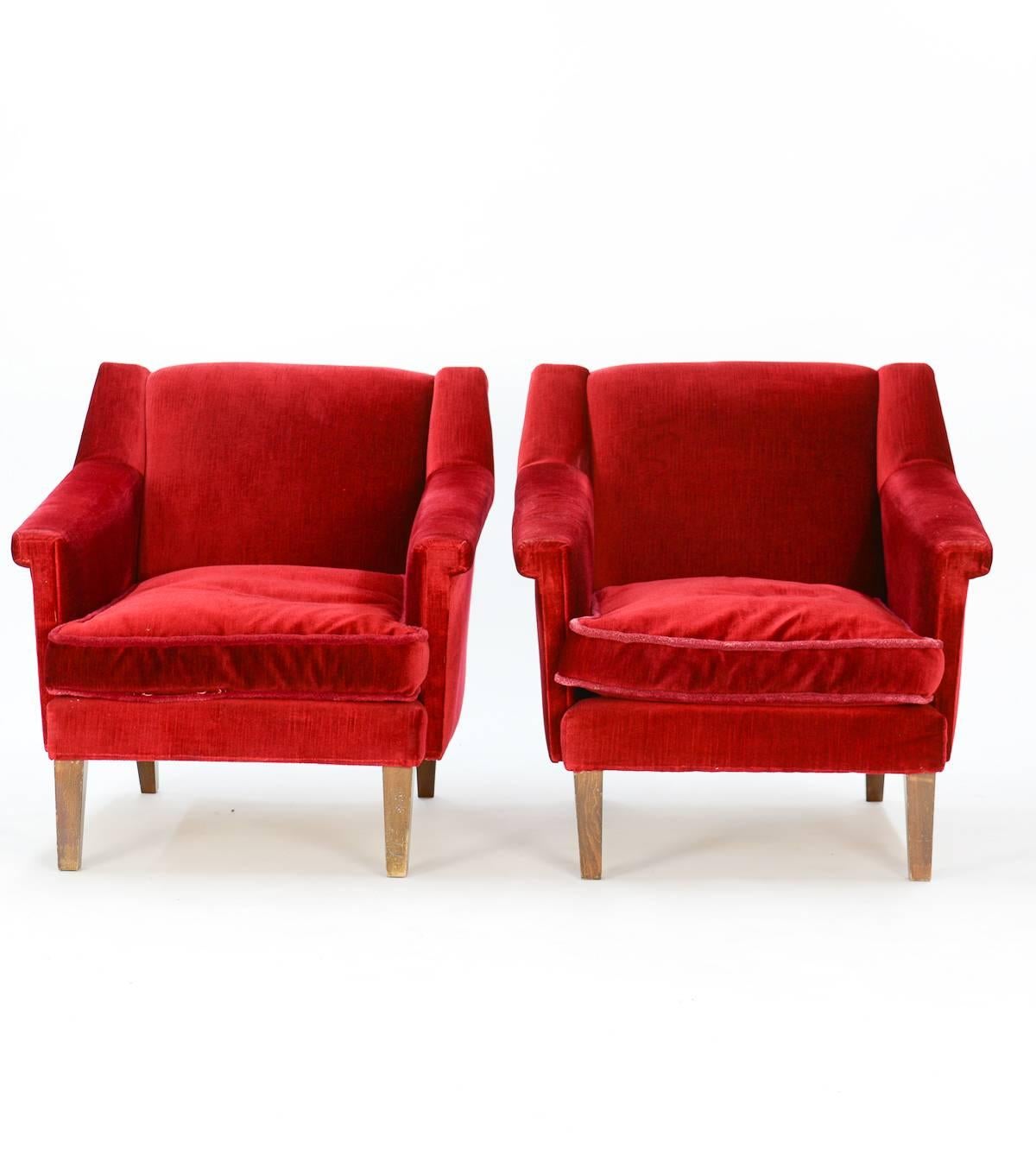 These regal 3/4-back club chairs in red velvet were imported to the U.S directly from Denmark.  Superbly comfortable and cozy to enjoy any day of the week - or lounging on the weekend