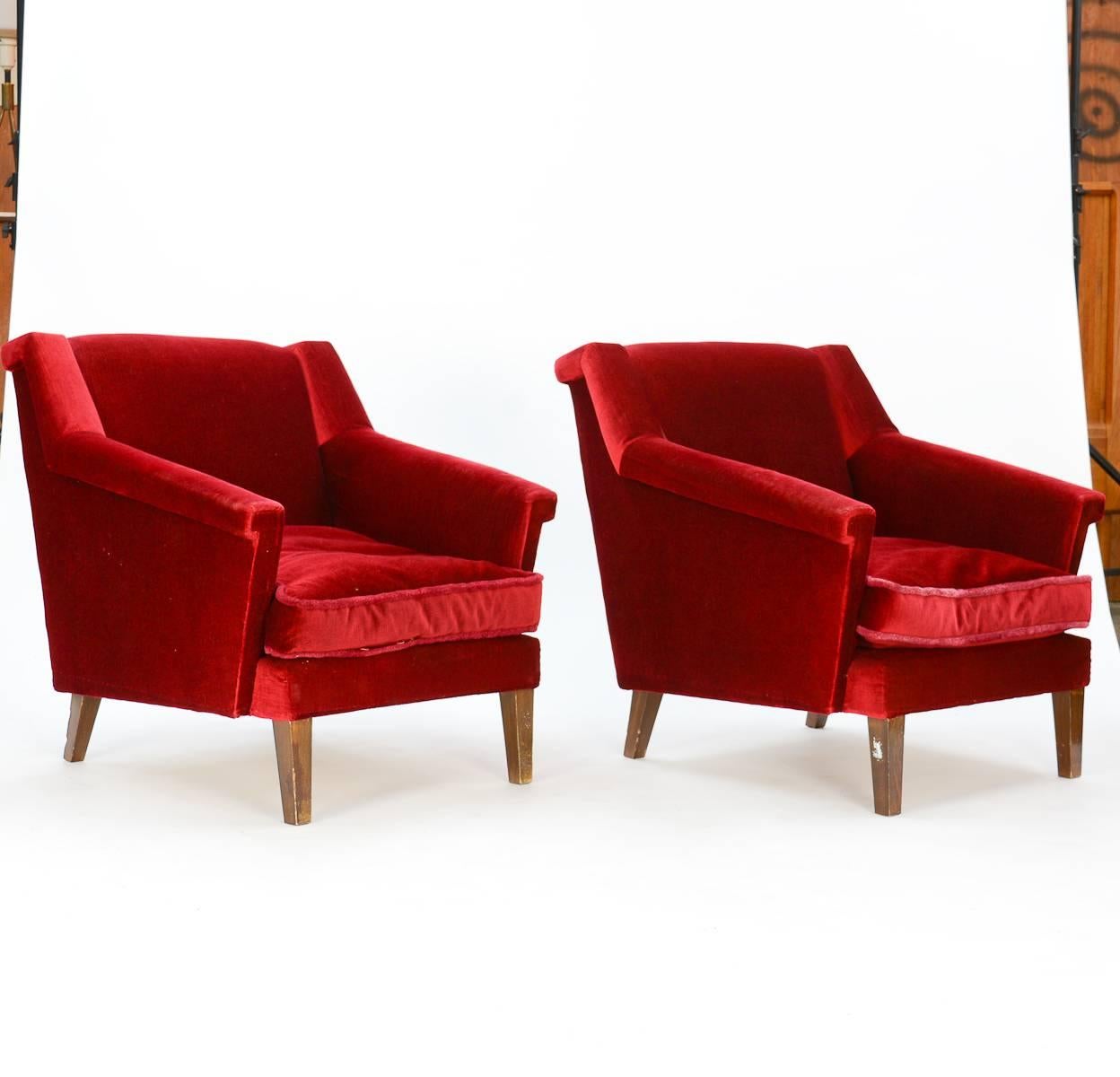 Scandinavian Modern Pair of Regal Danish Red Velvet Club Chairs