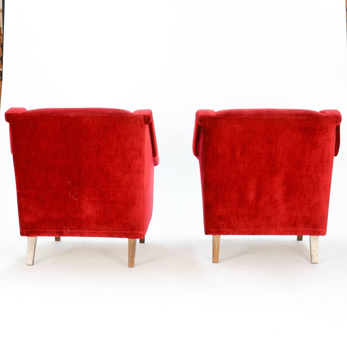 Pair of Regal Danish Red Velvet Club Chairs In Good Condition In Portland, OR