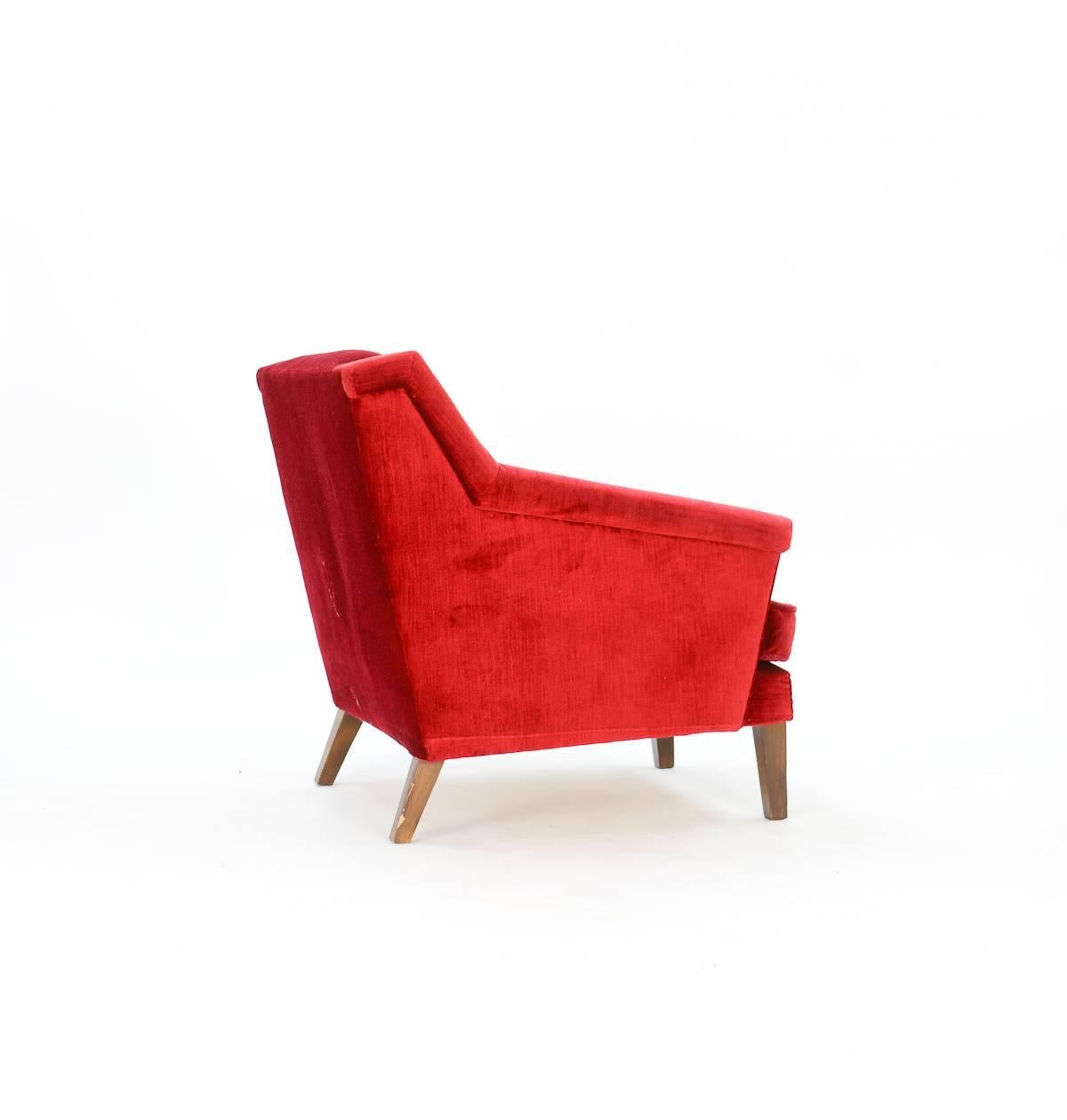 Mid-20th Century Pair of Regal Danish Red Velvet Club Chairs