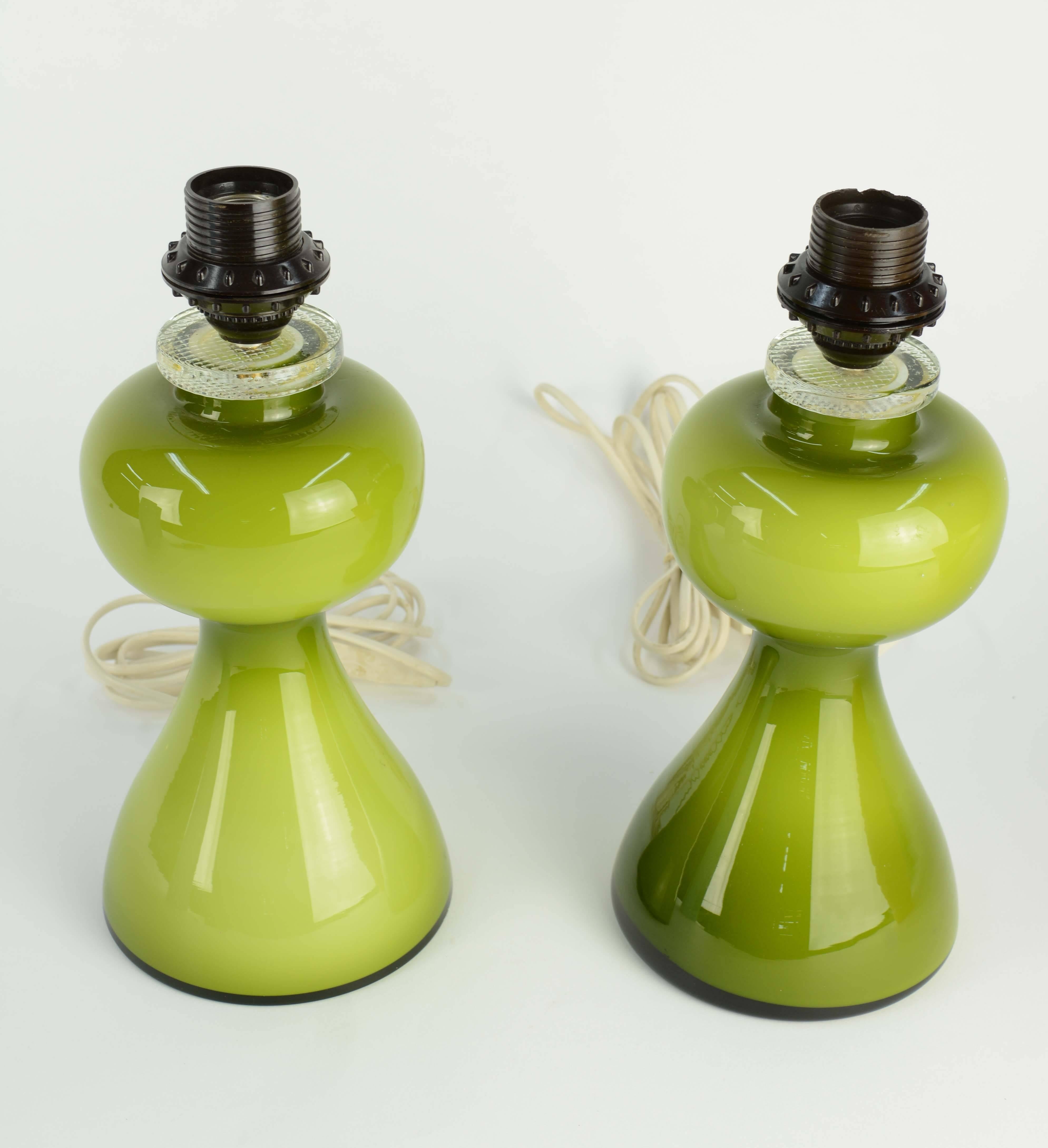 Scandinavian Modern Striking Pair of Swedish Green Glass Lamps Per-Olof Strom for Alsterfors For Sale