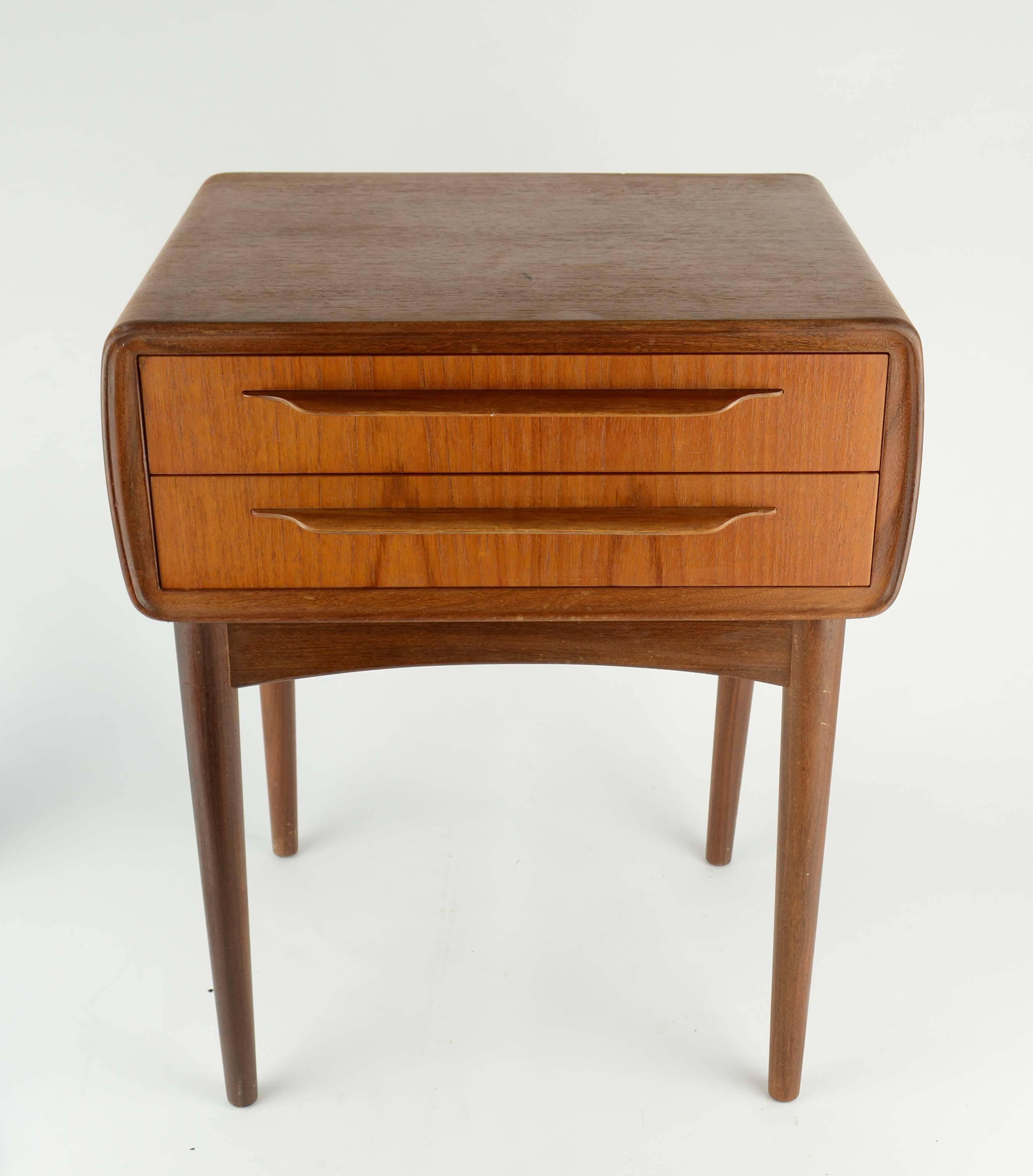 A teak nightstand designed by Johannes Andersen for CFC Silkeborg, Denmark, 1960s.

Andersen’s career paralleled the Mid-Century’s growing appreciation for Danish furniture designs, attracting international acclaim.  He worked steadily for his own