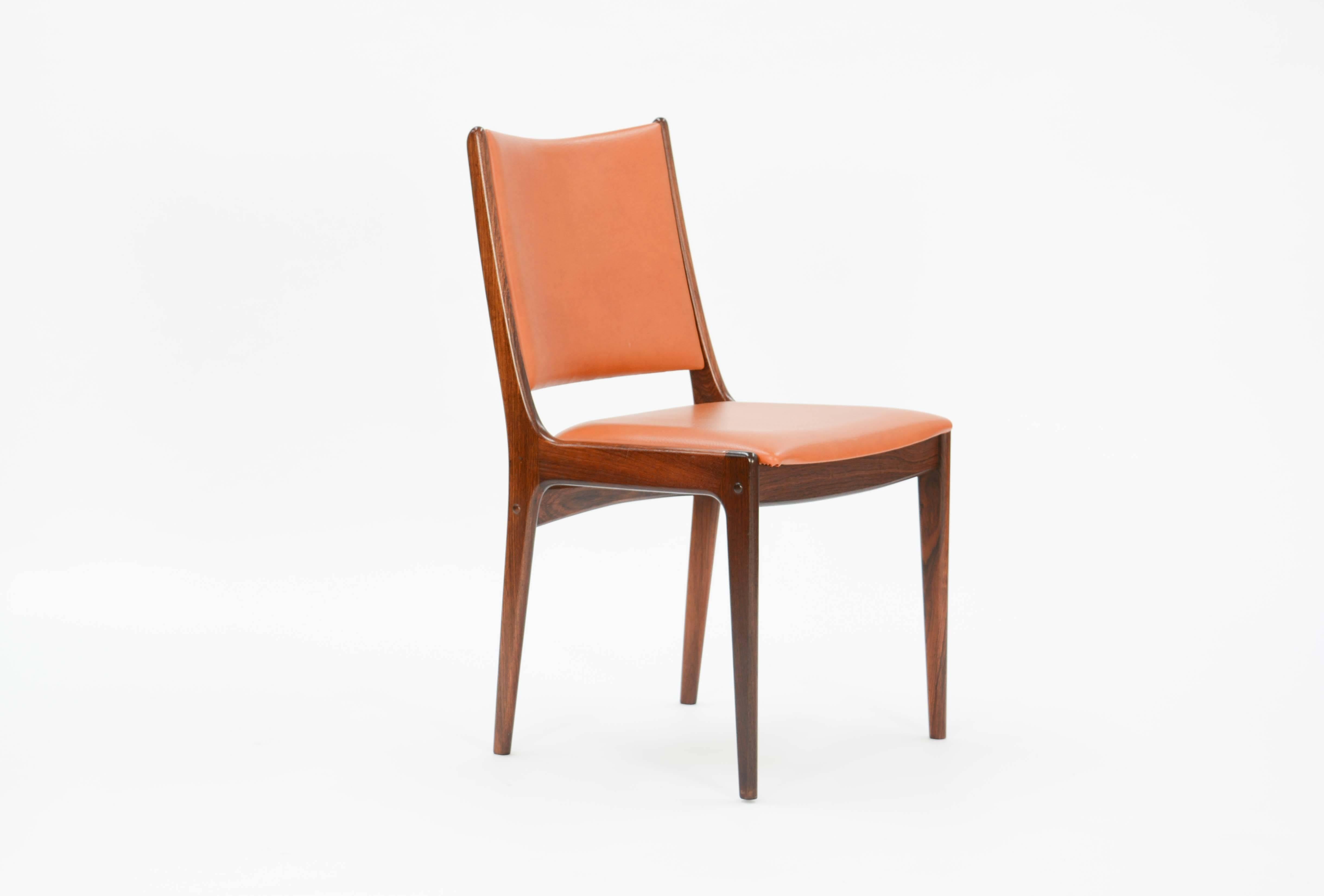 A wonderful set of four rosewood side chairs by Johannes Andersen for Uldum Møbelfabrik.

Andersen’s career paralleled the Mid-Century’s growing appreciation for Danish furniture designs, attracting international acclaim.

Andersen worked steadily