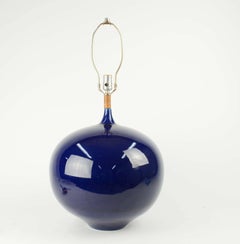 Big Blue Ceramic Table Lamp with Teak Stem
