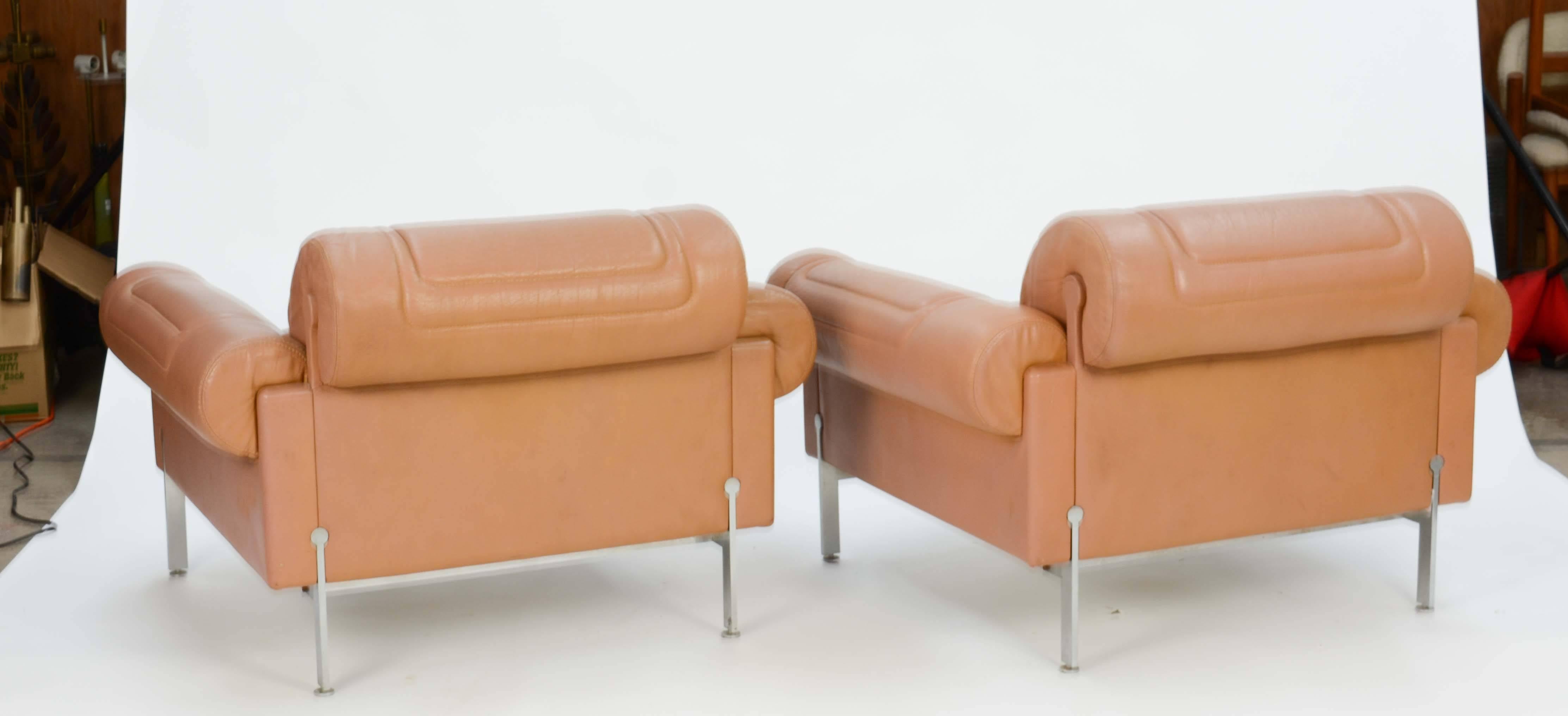 Modern Maison Jansen  Club Chairs in Distressed Danish Buffalo Leather