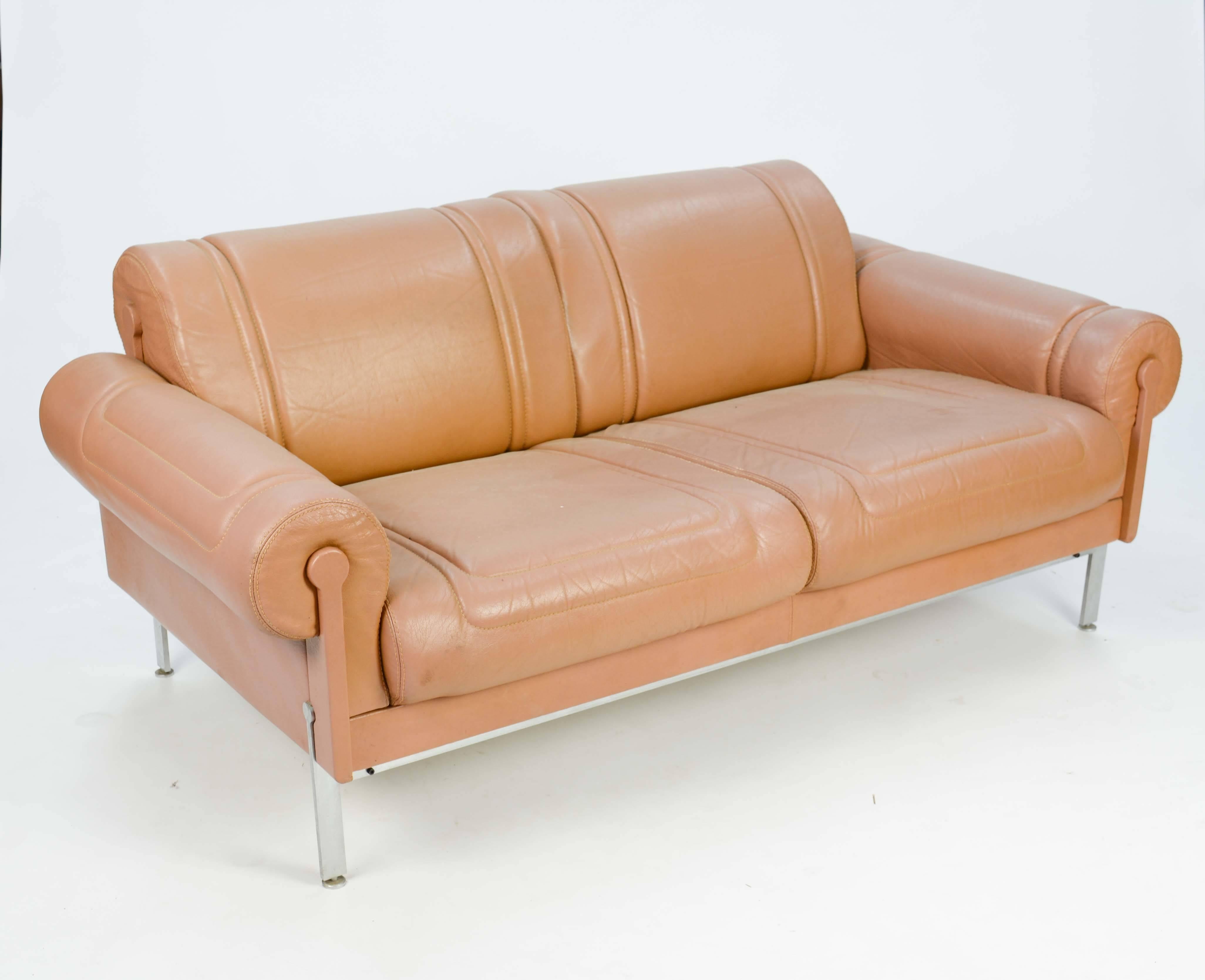 Pair of Maison Jansen Loveseats in Distressed Buffalo Leather In Good Condition In Portland, OR