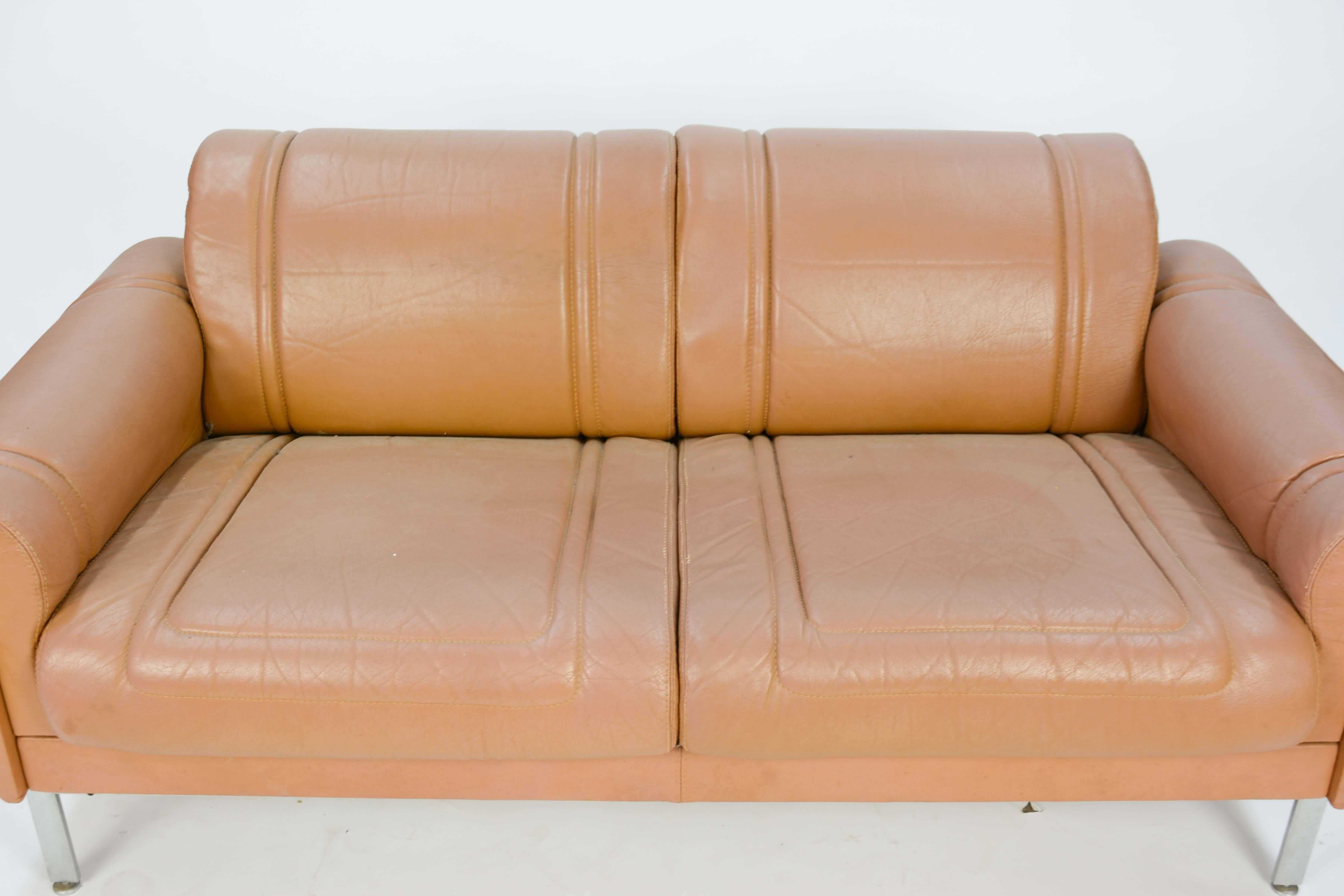 French Pair of Maison Jansen Loveseats in Distressed Buffalo Leather